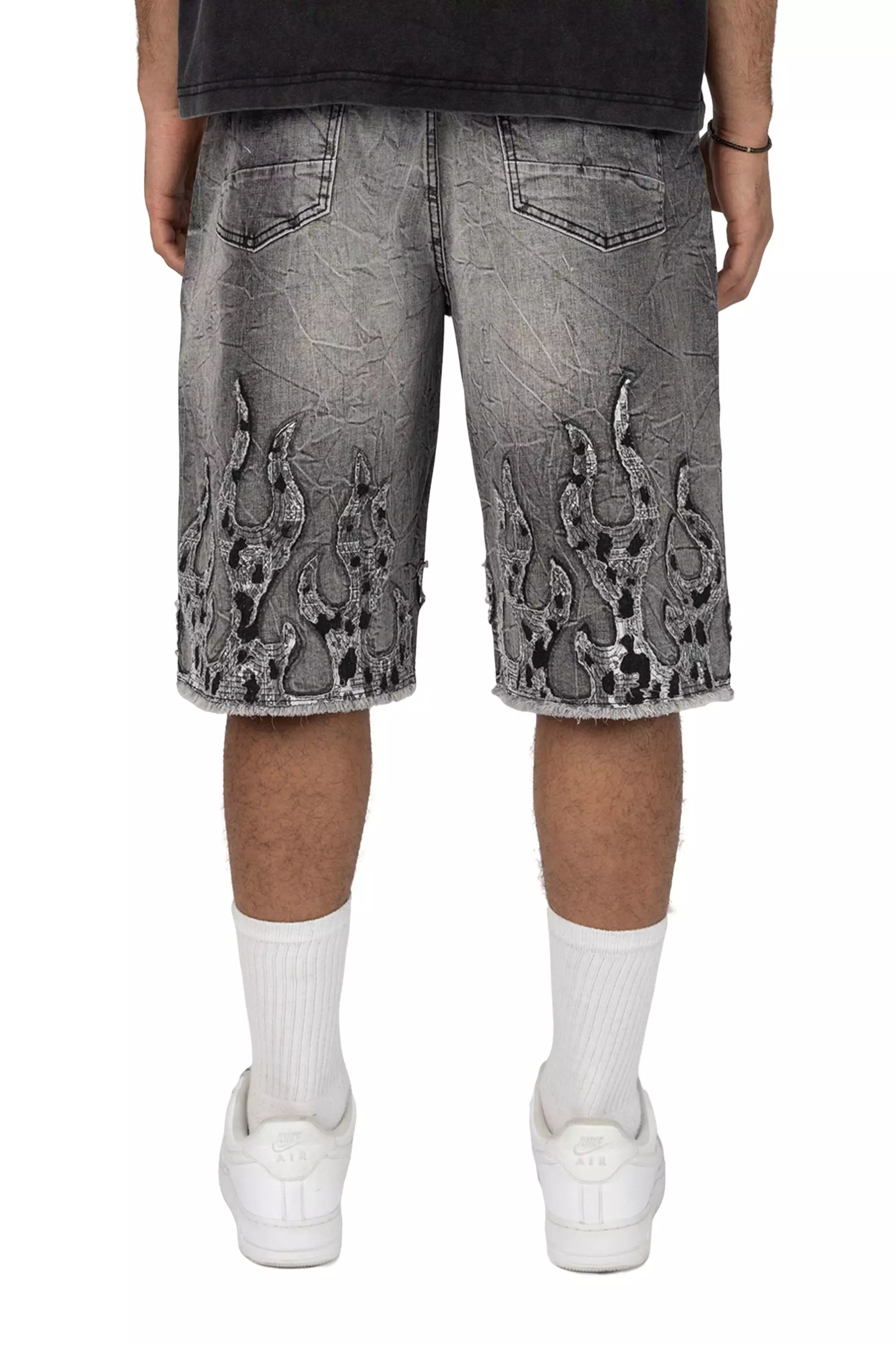 Smoke Rise Men's Skater Flame Denim Shorts - Eris Grey - GREY