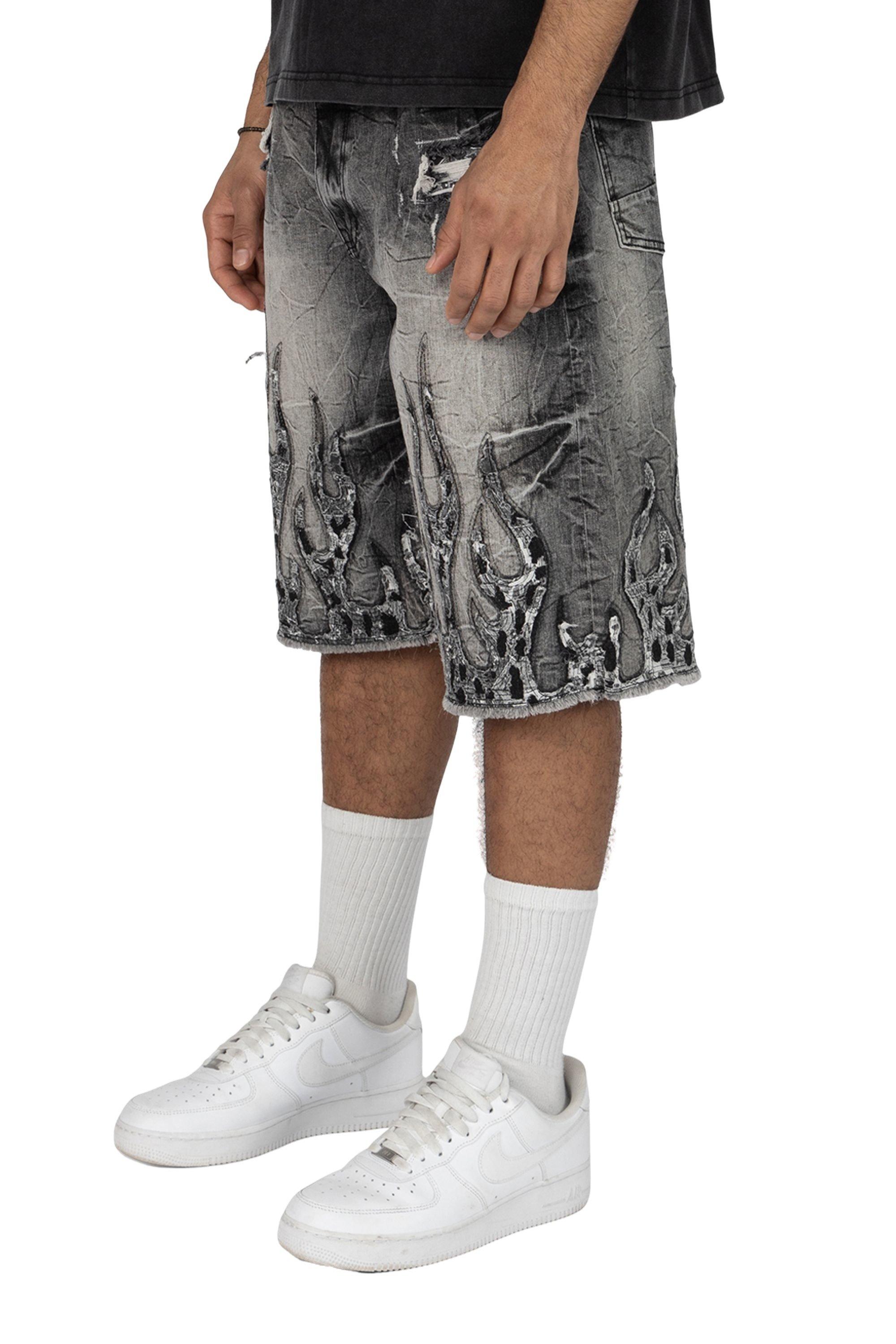 Smoke Rise Men's Skater Flame Denim Shorts - Eris Grey - GREY Thumbnail View 3