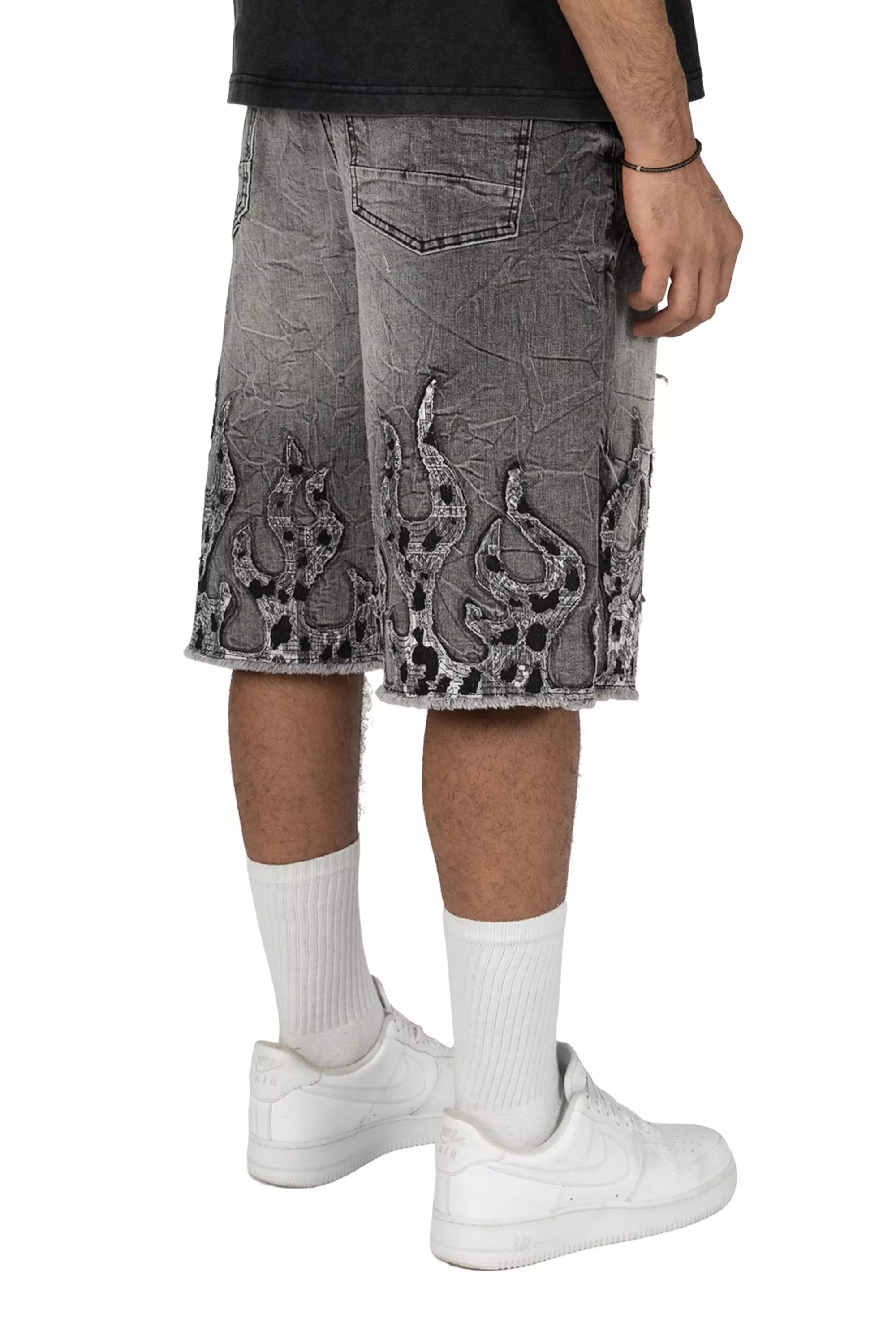 Smoke Rise Men's Skater Flame Denim Shorts - Eris Grey - GREY