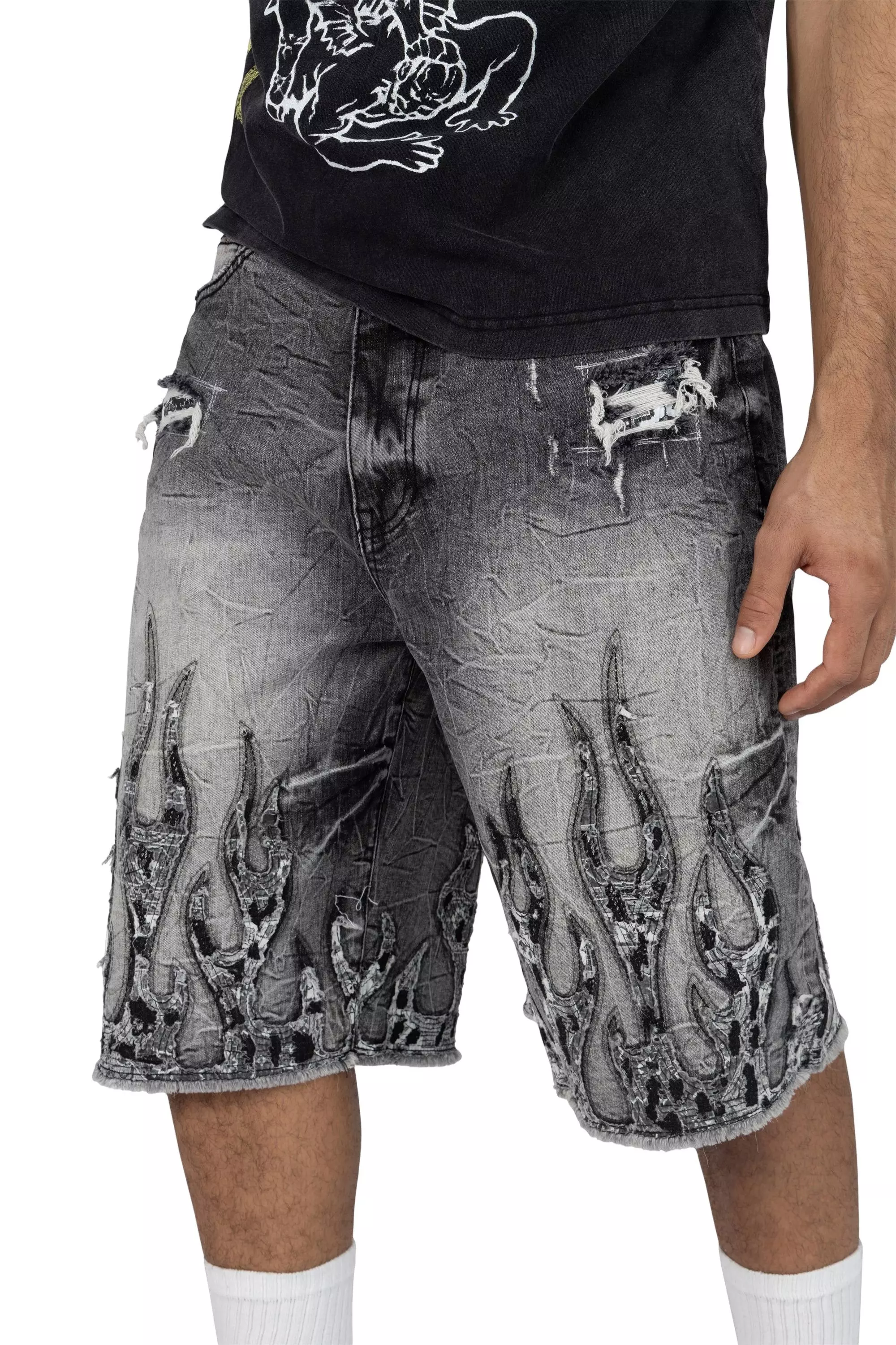 Smoke Rise Men's Skater Flame Denim Shorts - Eris Grey - GREY