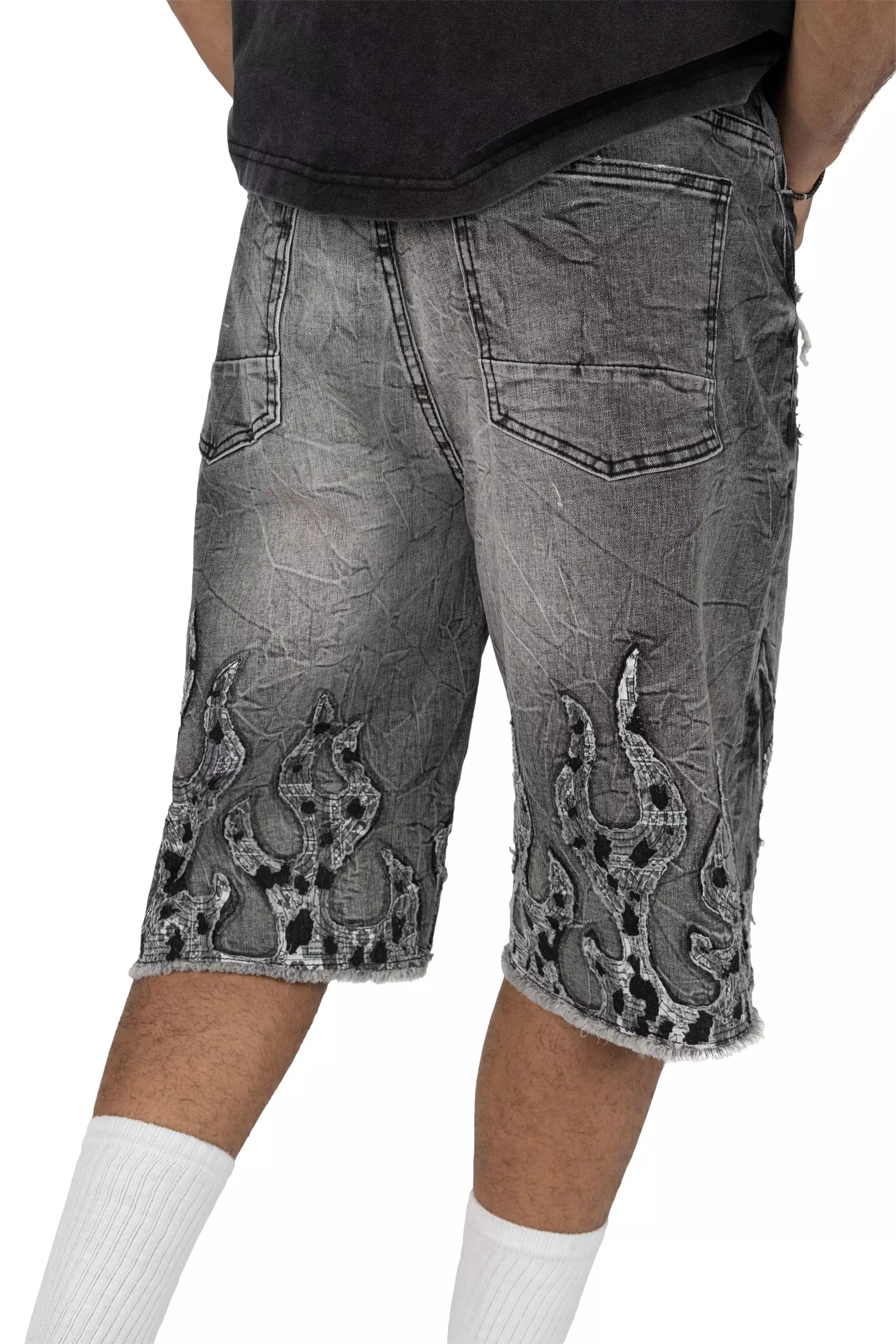 Smoke Rise Men's Skater Flame Denim Shorts - Eris Grey - GREY