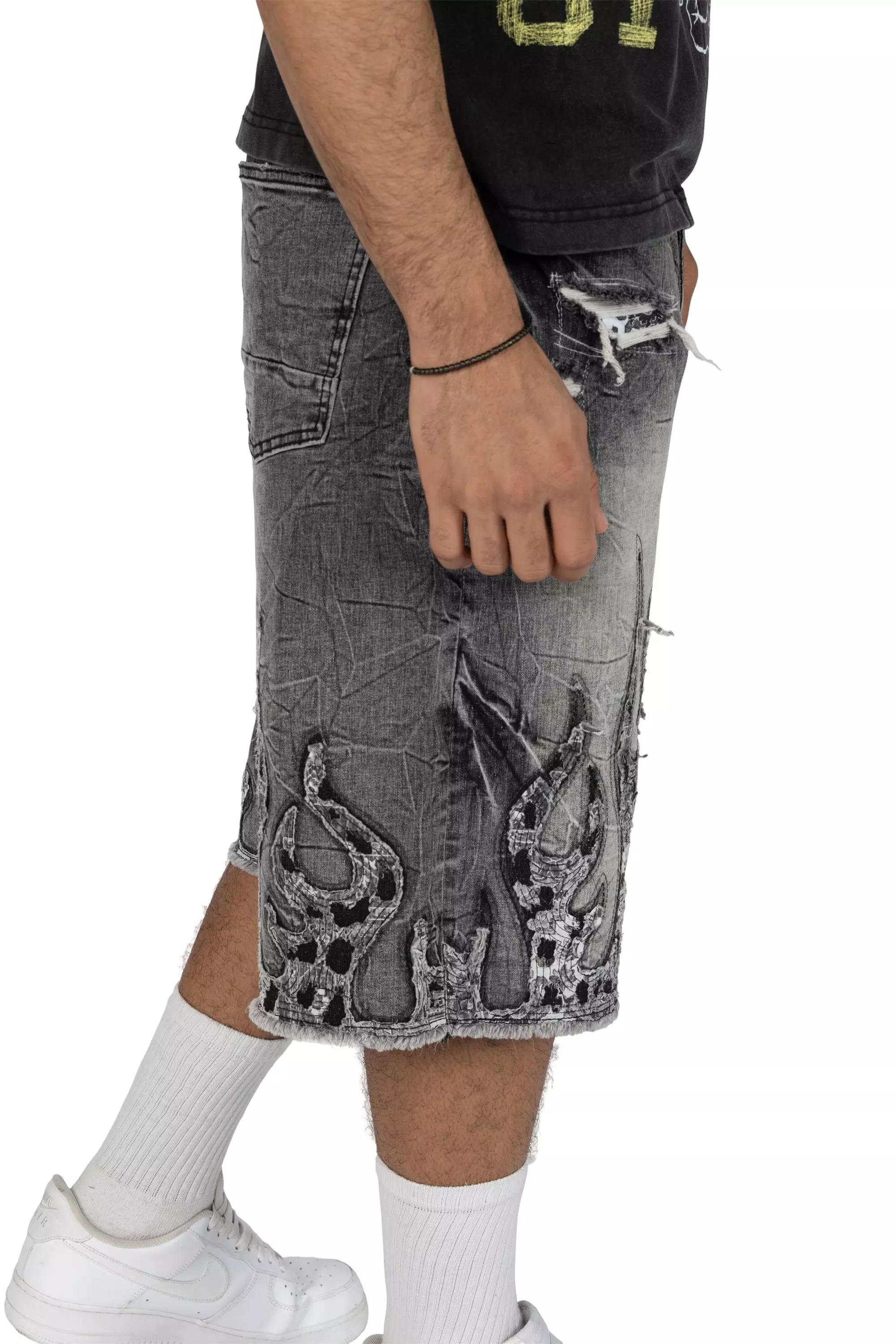 Smoke Rise Men's Skater Flame Denim Shorts - Eris Grey - GREY