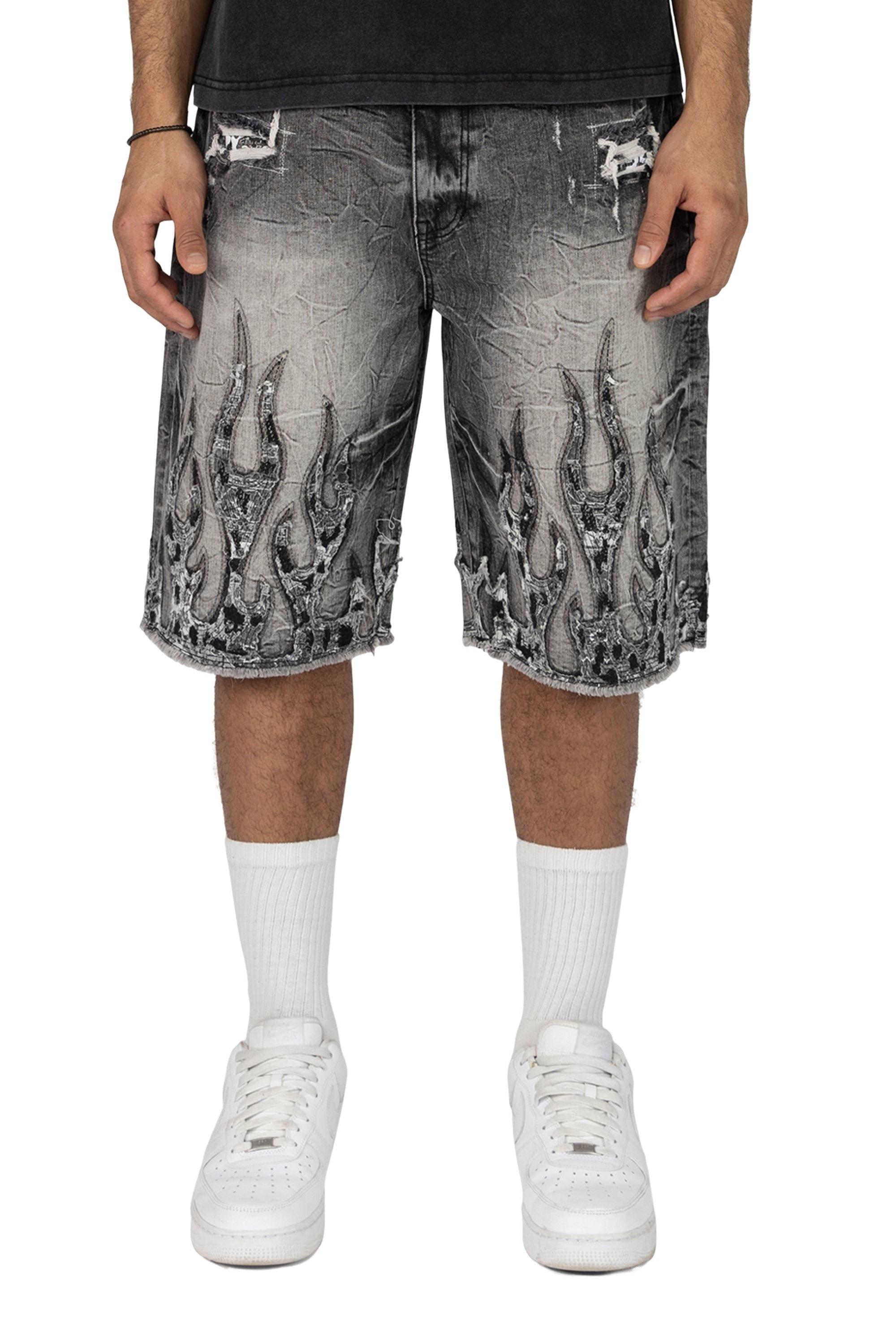 Smoke Rise Men's Skater Flame Denim Shorts - Eris Grey