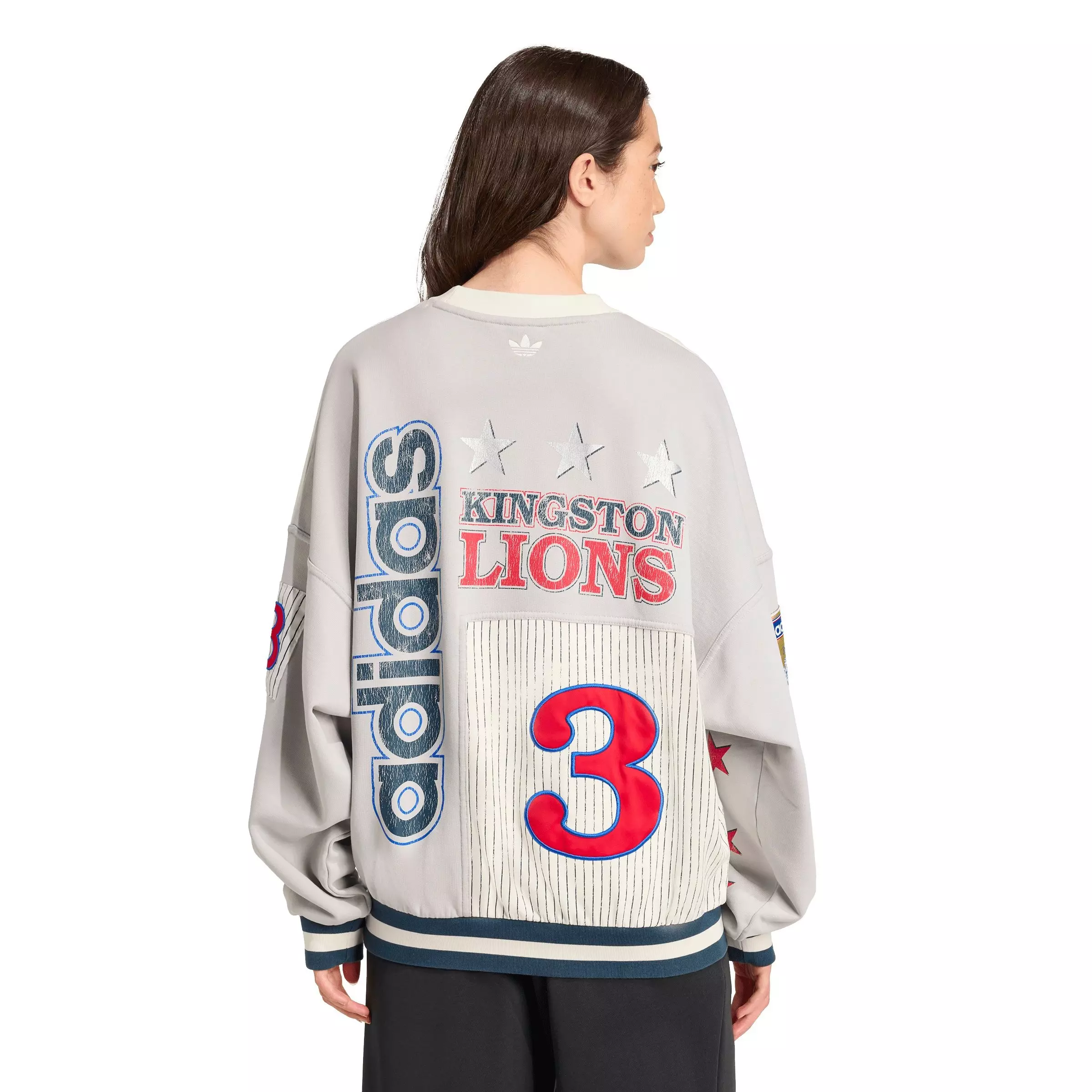 adidas Women's Archive Baseball Crew Sweatshirt-White/Red/Blue - WHITE/RED/BLUE