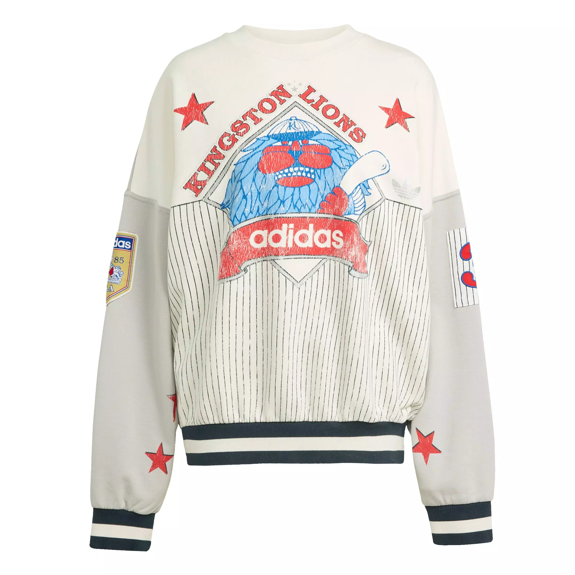 adidas Women's Archive Baseball Crew Sweatshirt-White/Red/Blue - WHITE/RED/BLUE