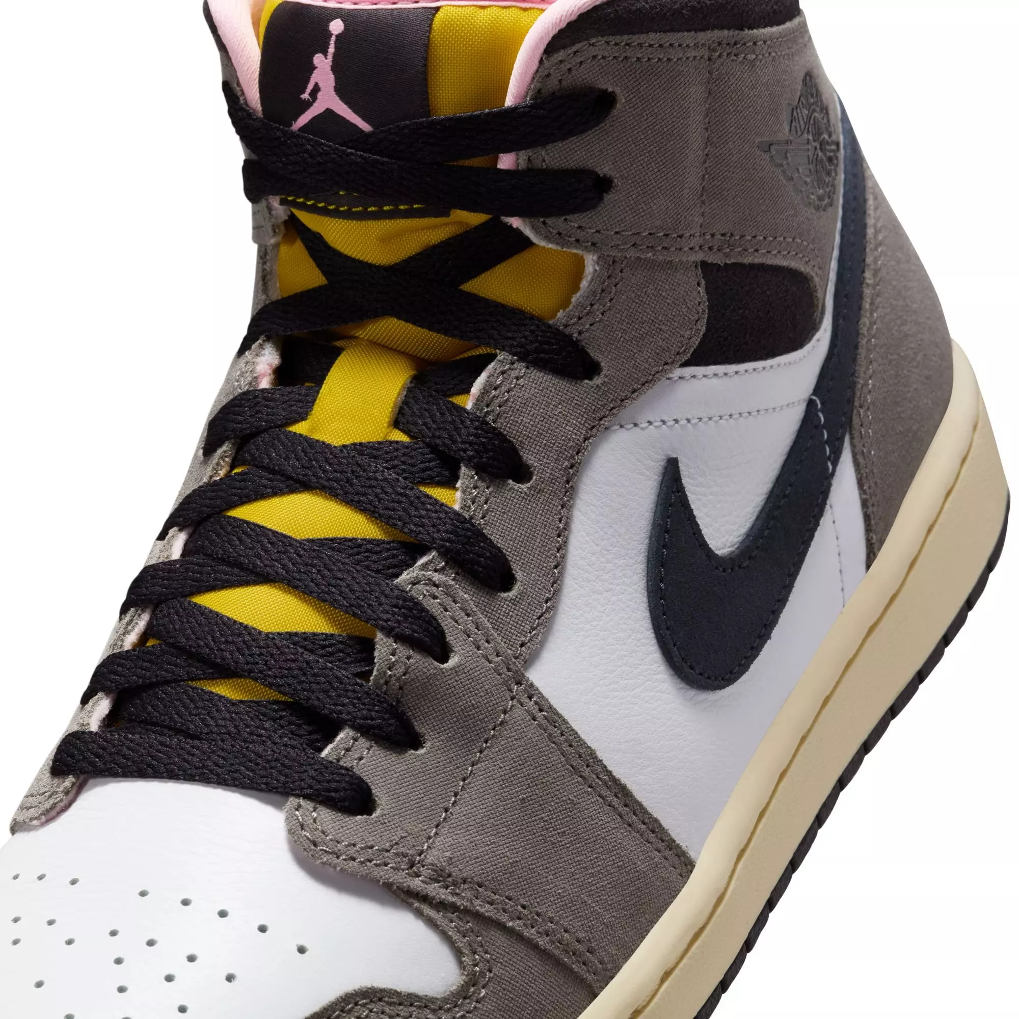 Jordan 1 Mid SE "White/Oil Grey/Cave Stone/Dark Sulfur" Men's Shoe - WHITE/GREY
