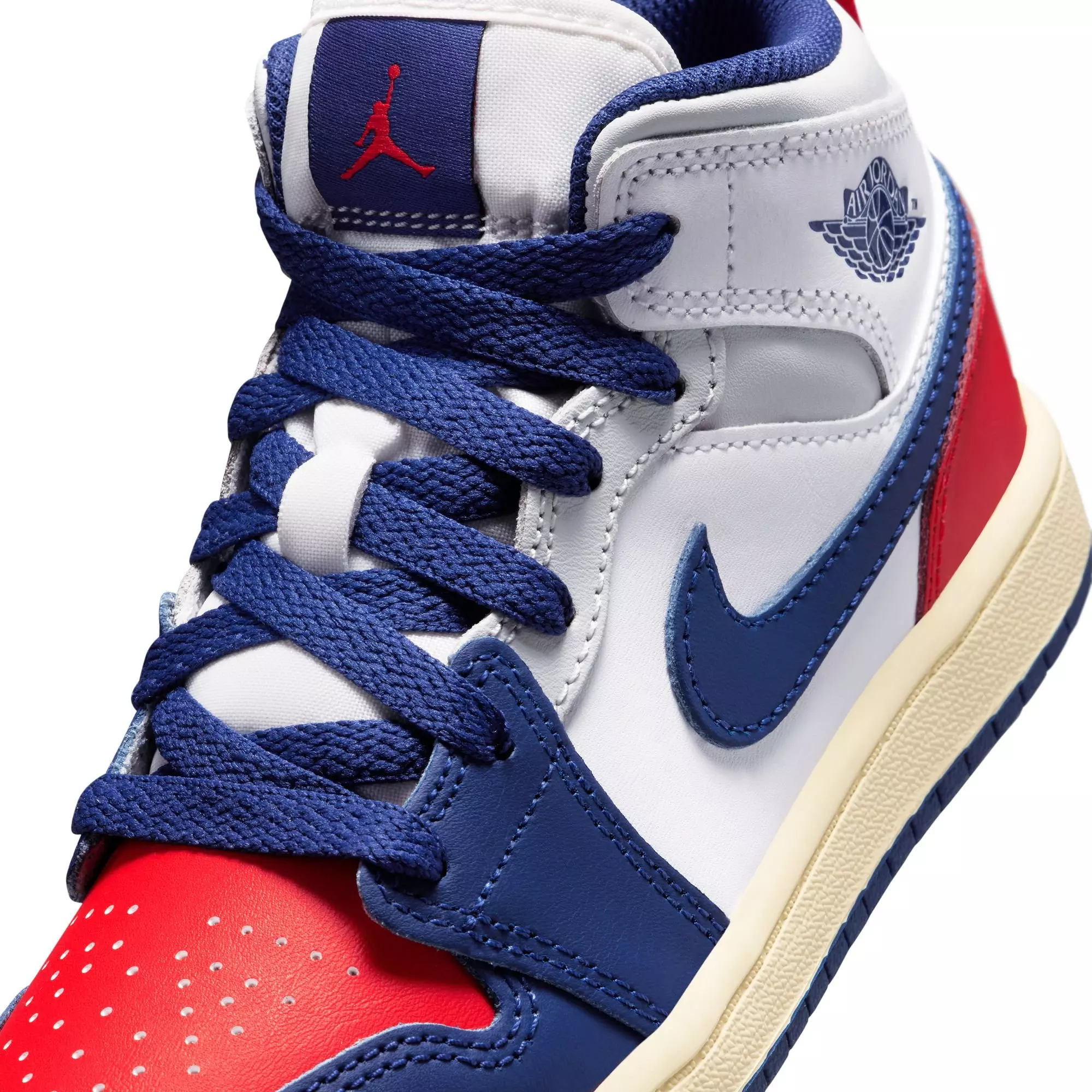 Jordan 1 Mid "White/Deep Royal Blue/University Blue" Preschool Boys' Shoe - WHITE/RED/BLUE
