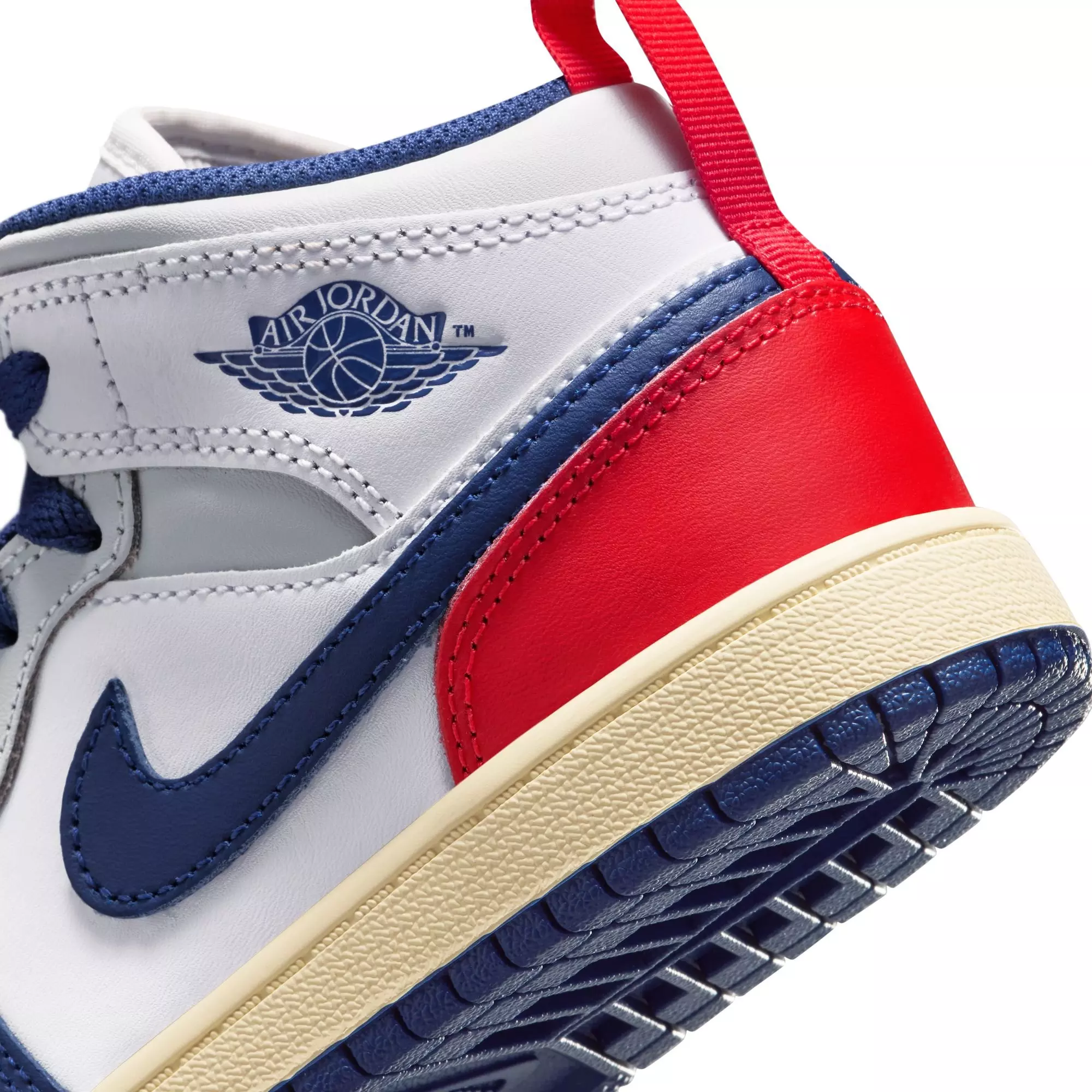 Jordan 1 Mid "White/Deep Royal Blue/University Blue" Preschool Boys' Shoe - WHITE/RED/BLUE