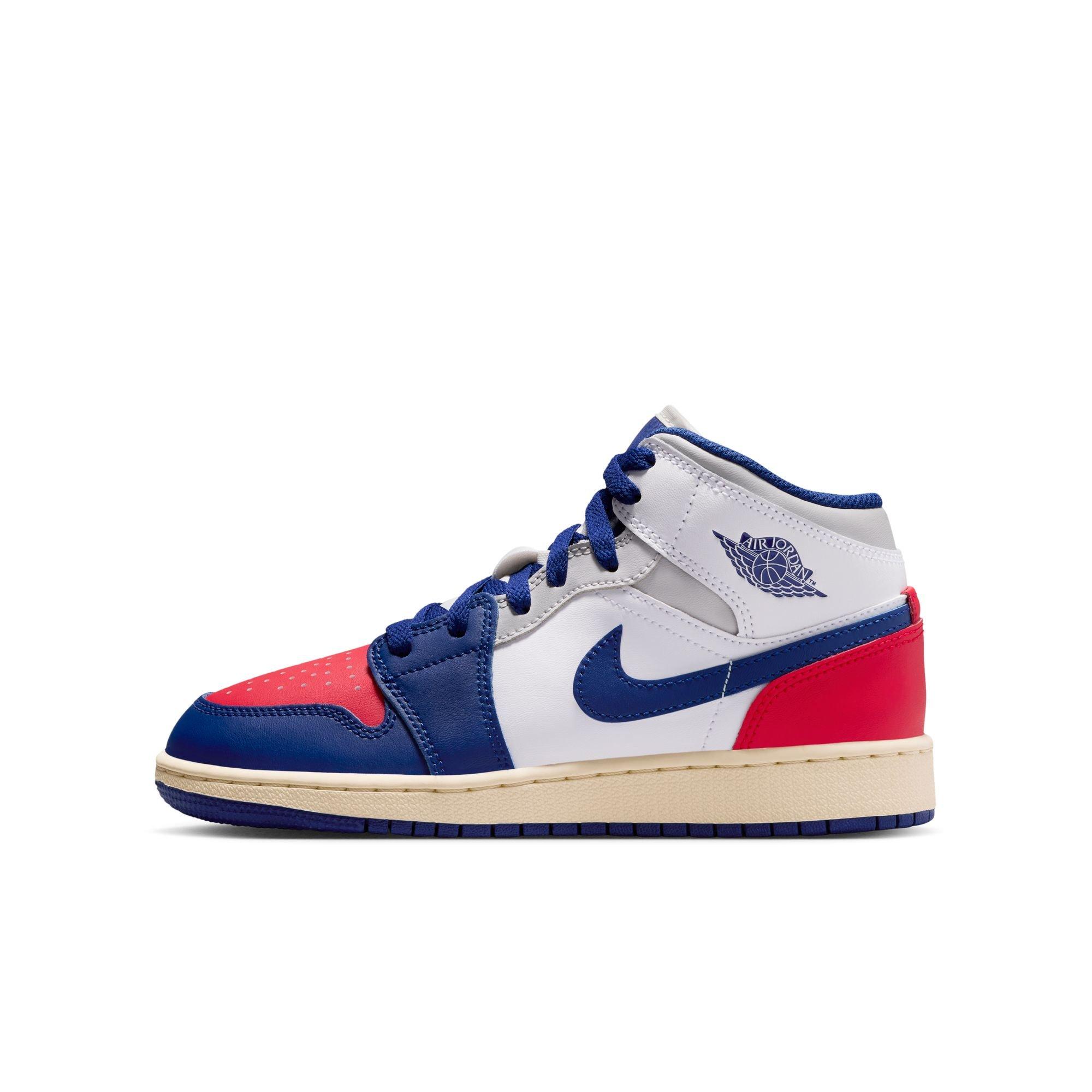Jordan 1 Mid Grade School Boys' "White/Deep Royal Blue/University Red" Shoe