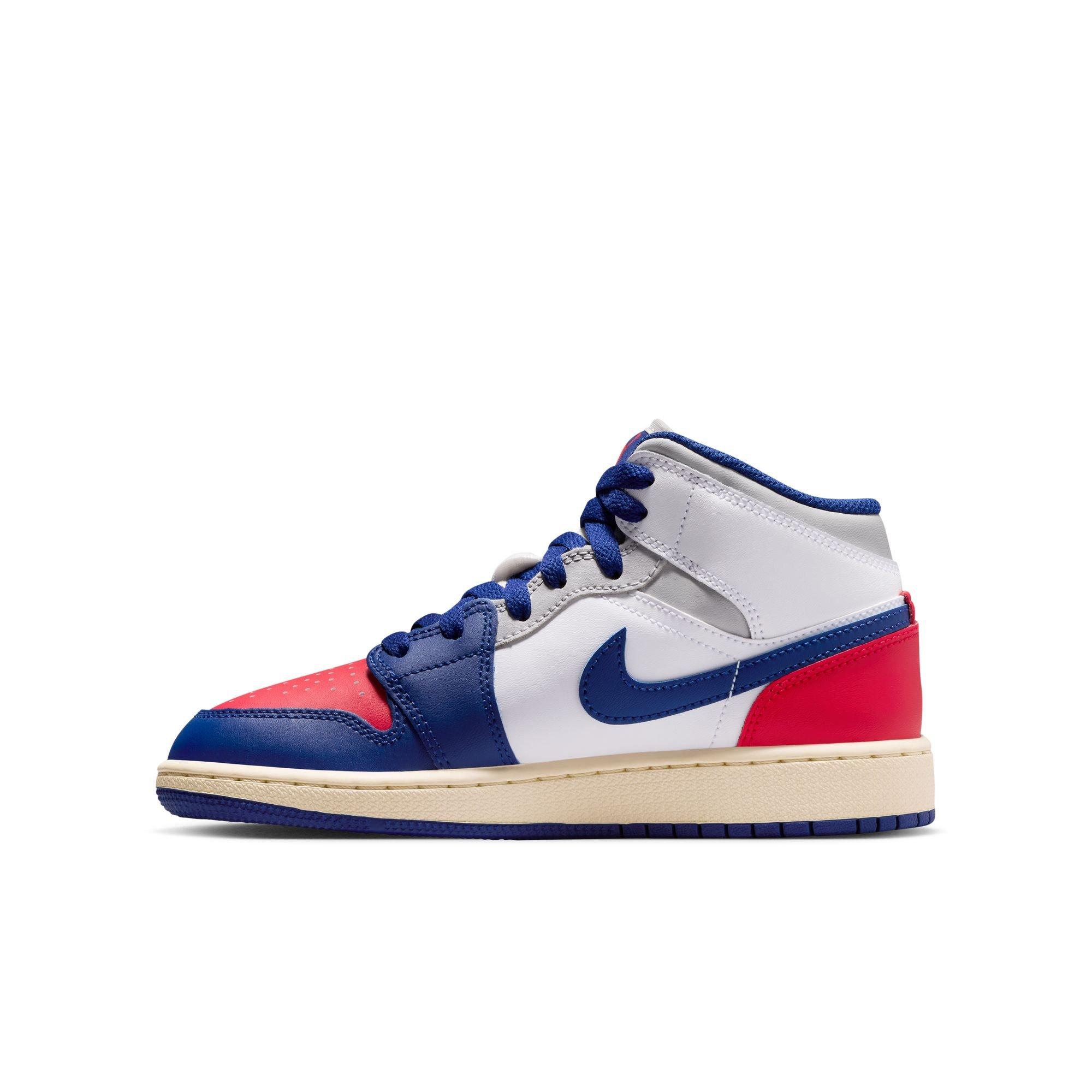Jordan 1 Mid Grade School Boys' "White/Deep Royal Blue/University Red" Shoe