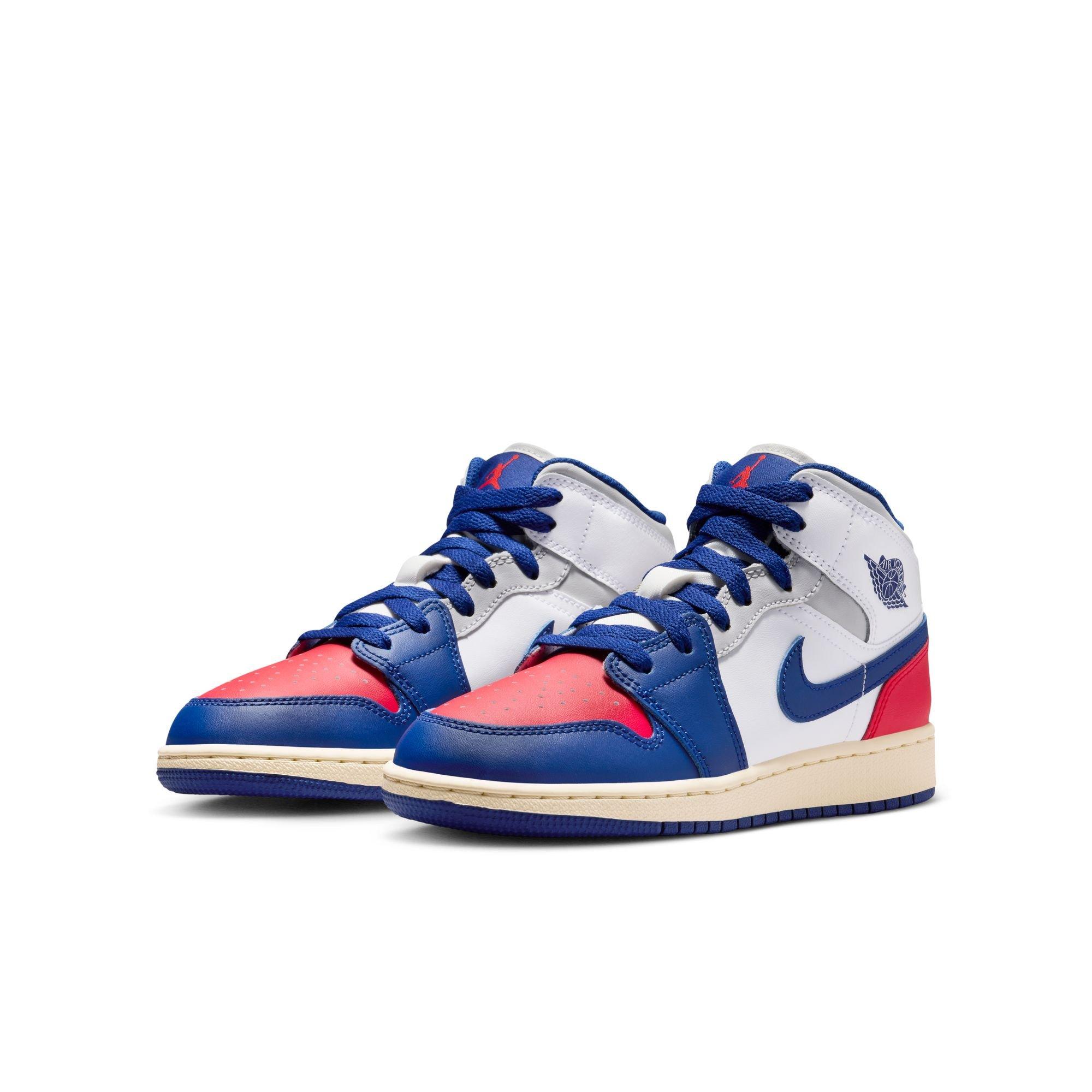 Jordan 1 Mid Grade School Boys' "White/Deep Royal Blue/University Red" Shoe