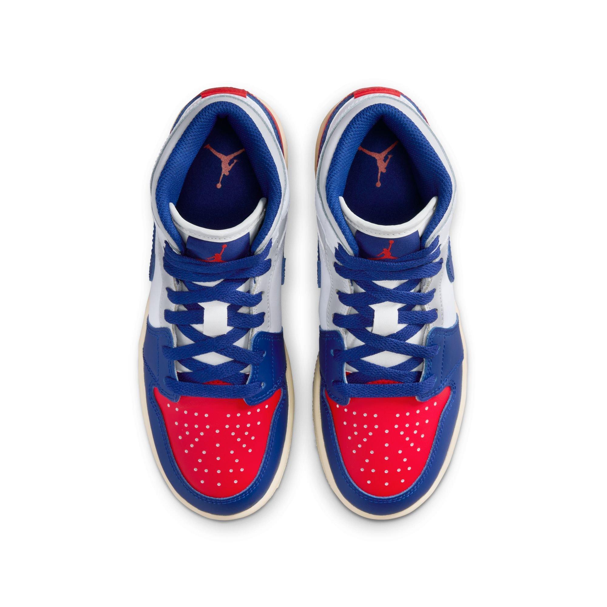Jordan 1 Mid Grade School Boys' "White/Deep Royal Blue/University Red" Shoe