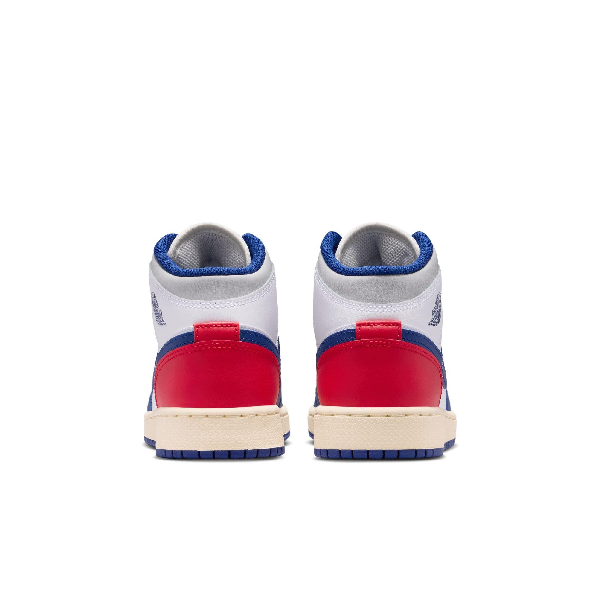 Jordan 1 Mid Grade School Boys' "White/Deep Royal Blue/University Red" Shoe