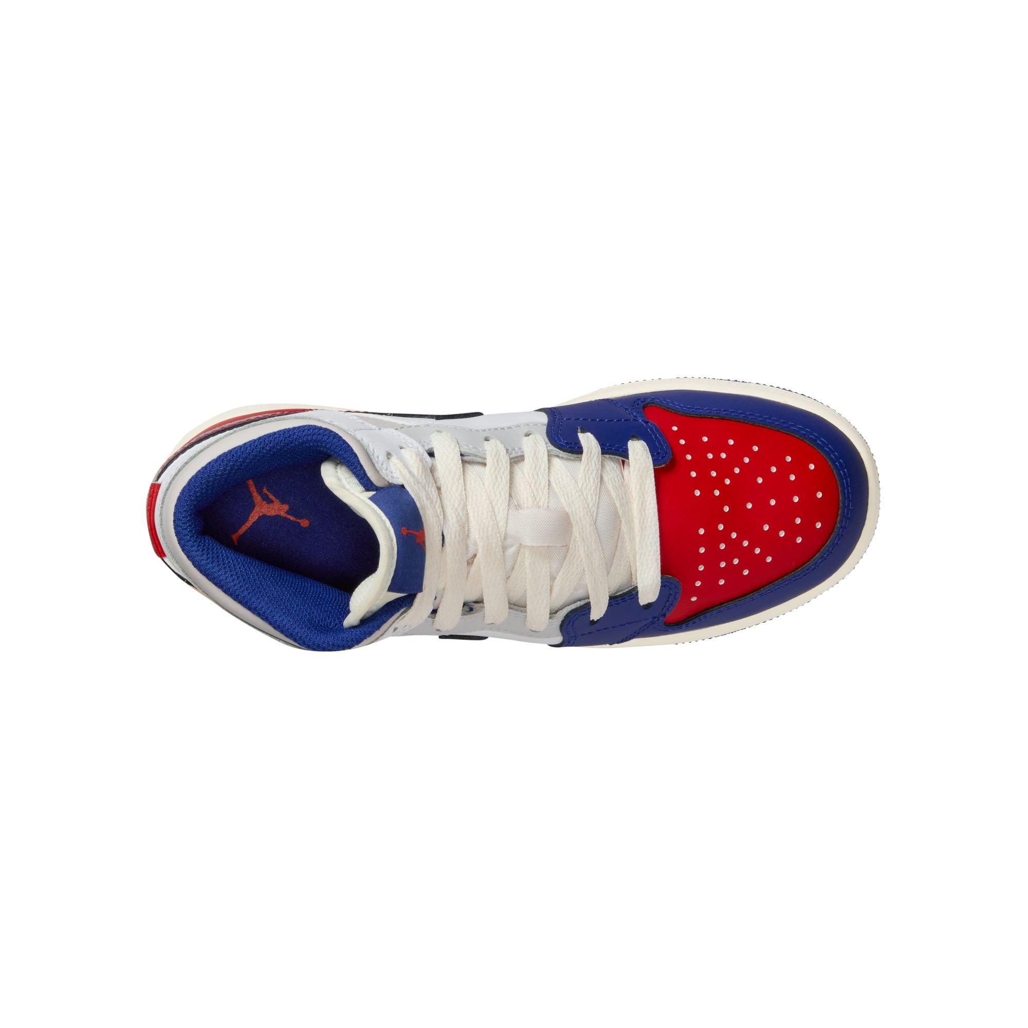 Jordan 1 Mid Grade School Boys' "White/Deep Royal Blue/University Red" Shoe