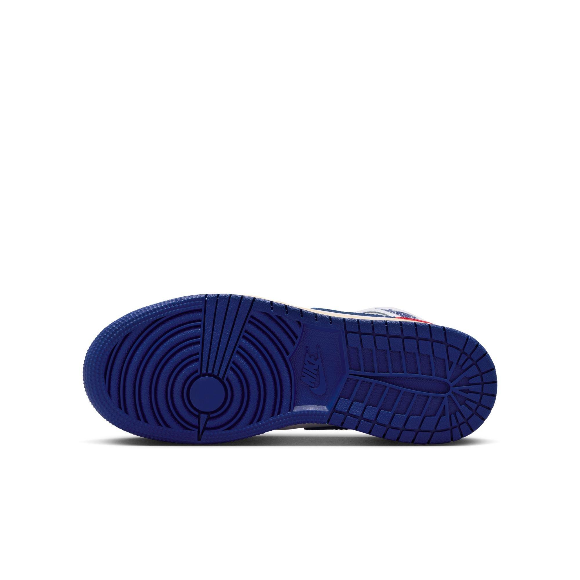 Jordan 1 Mid Grade School Boys' "White/Deep Royal Blue/University Red" Shoe