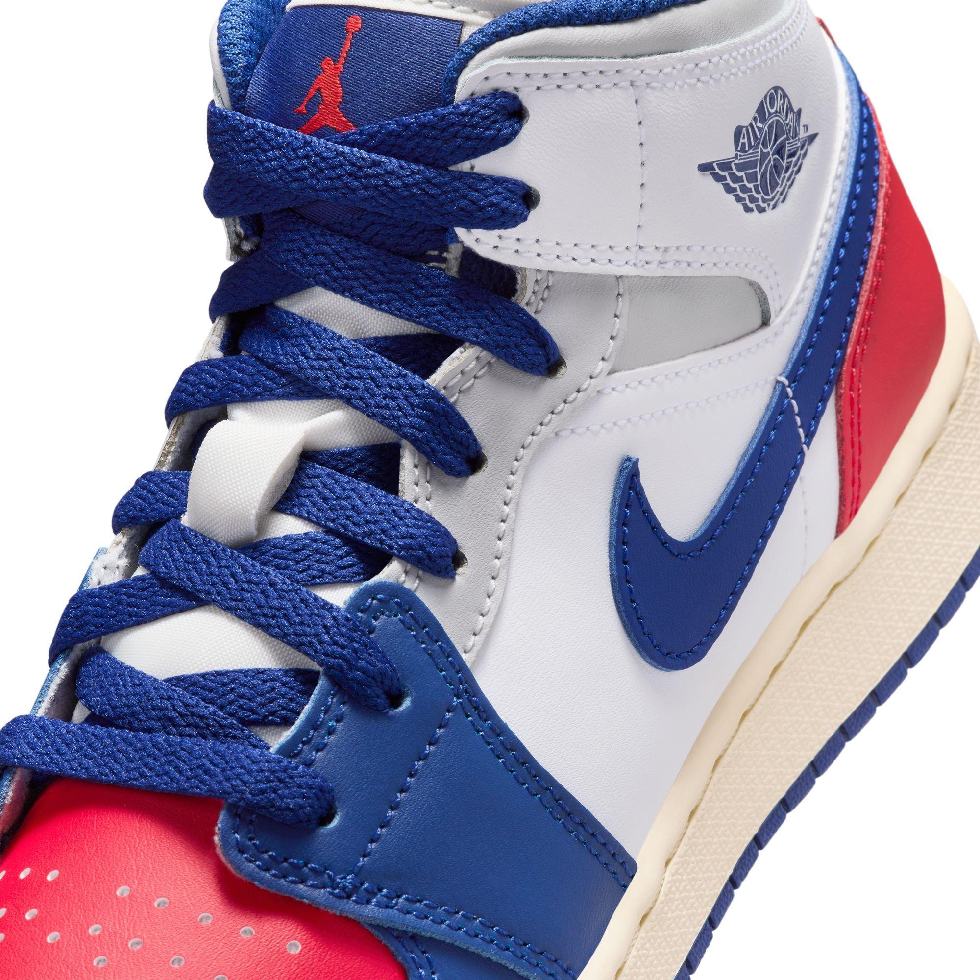 Jordan 1 Mid Grade School Boys' "White/Deep Royal Blue/University Red" Shoe