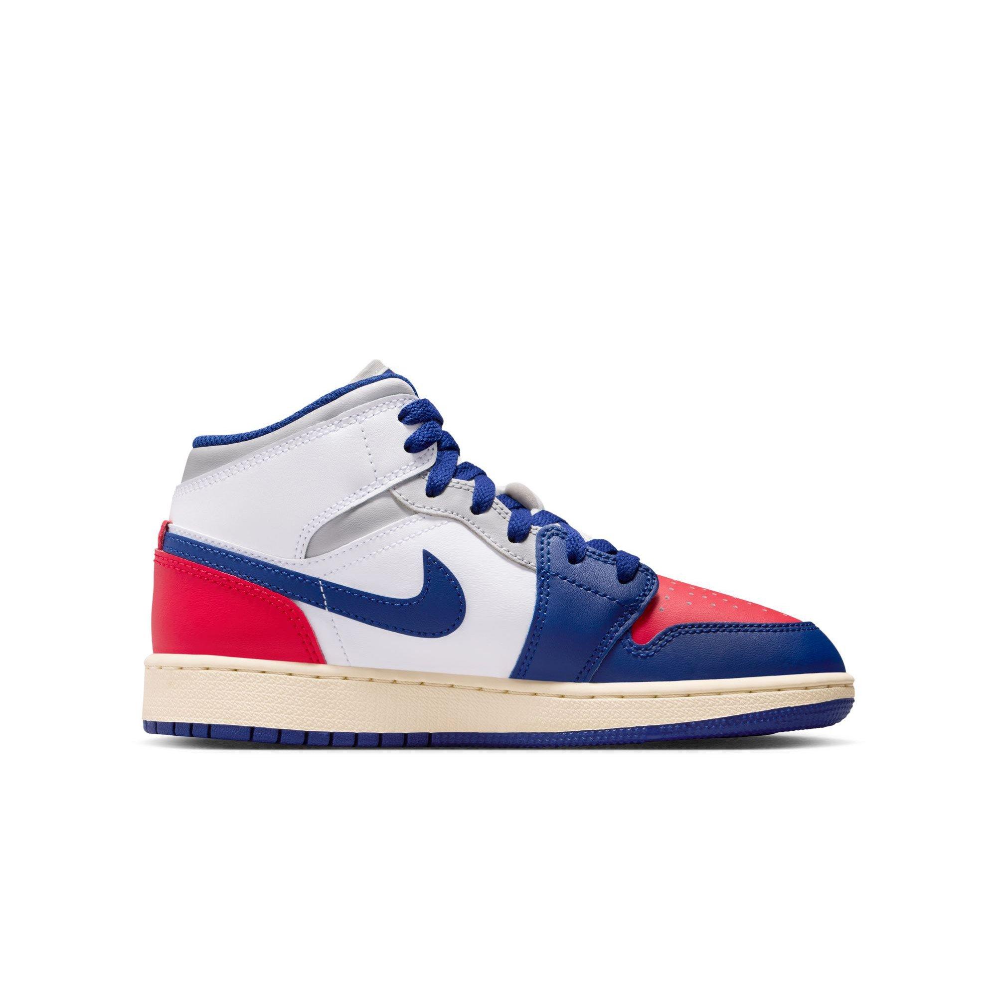 Jordan 1 Mid Grade School Boys' "White/Deep Royal Blue/University Red" Shoe