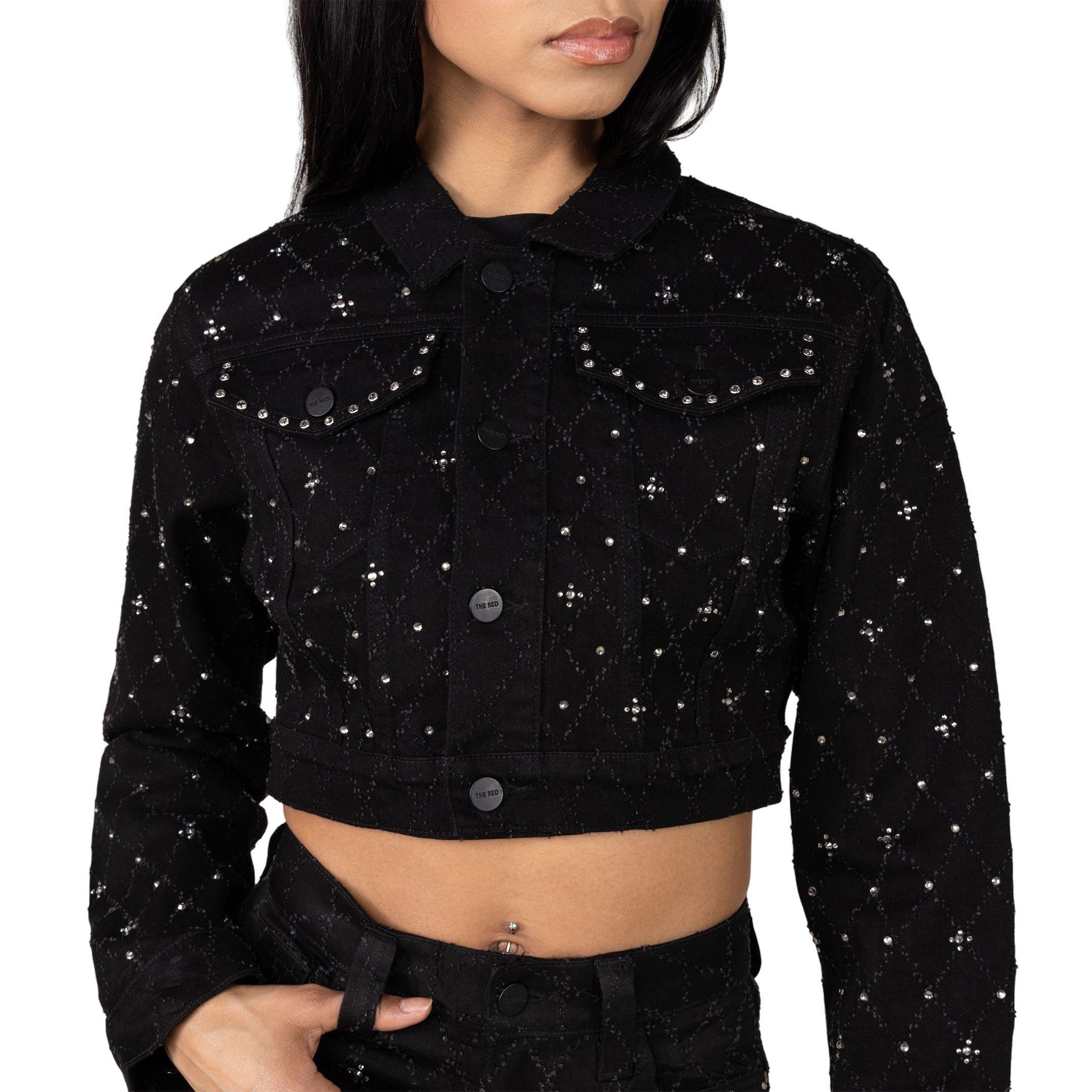 Smoke Rise Women's Cropped Rhinestone Jacket - BLACK Thumbnail View 1