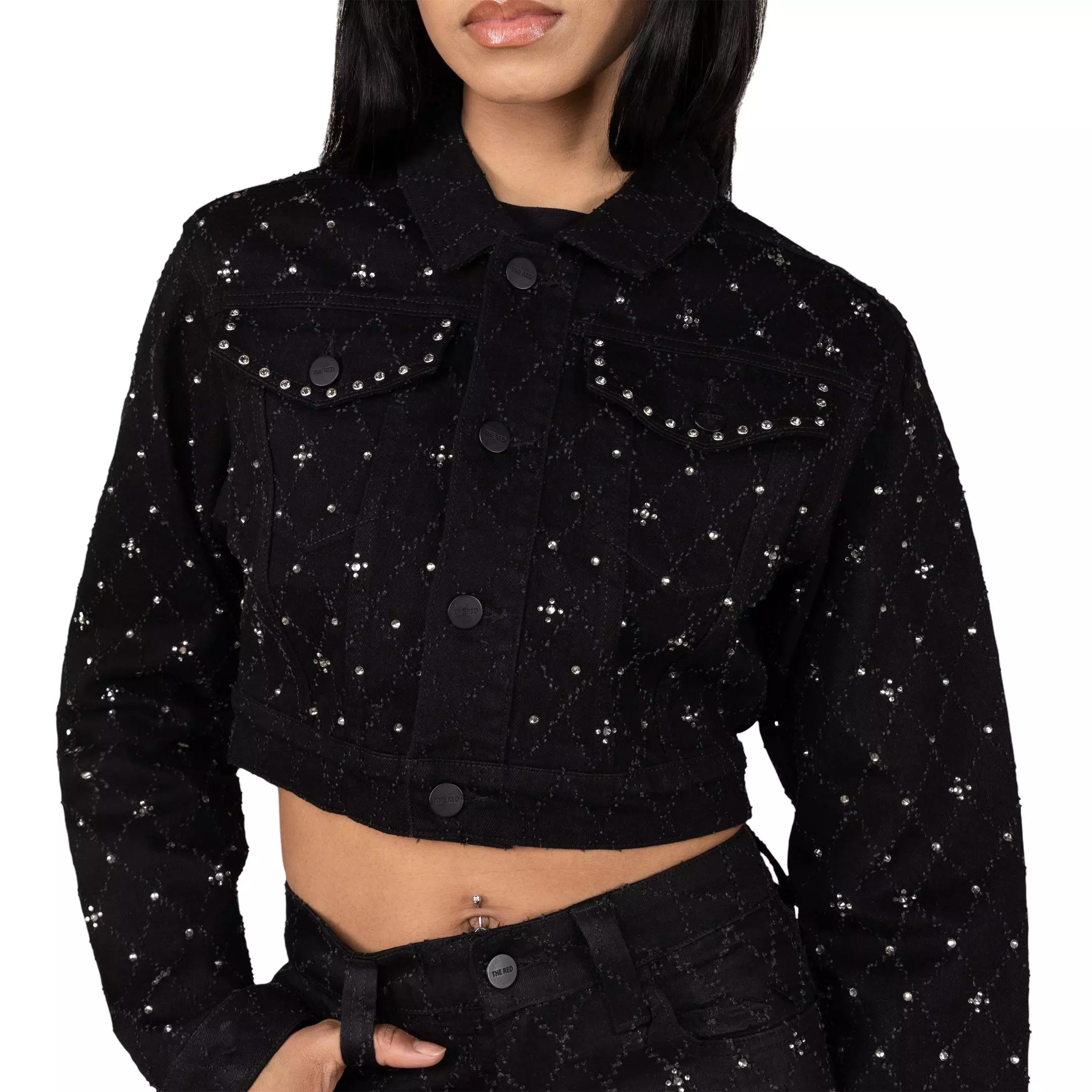 Smoke Rise Women's Cropped Rhinestone Jacket - BLACK
