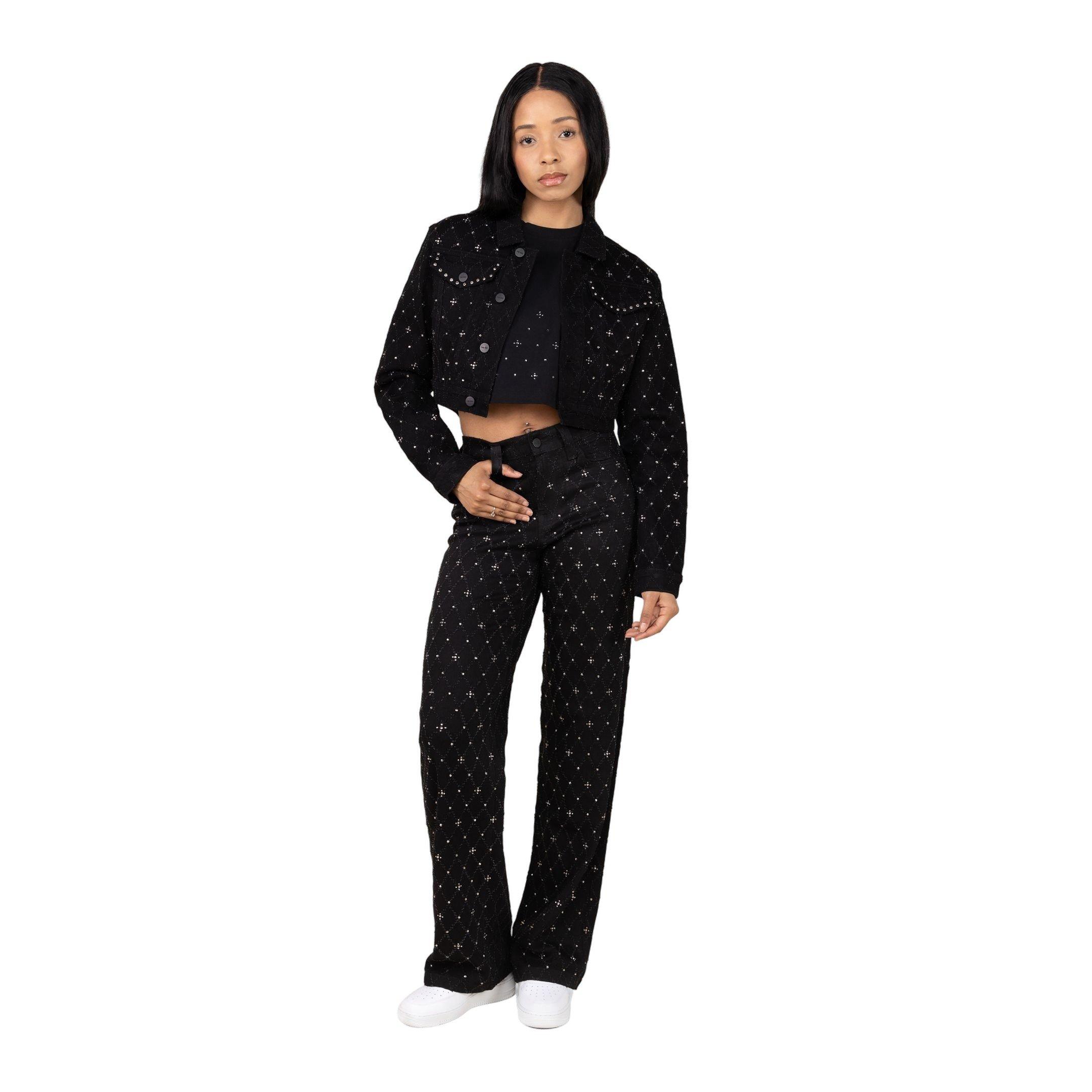 Smoke Rise Women's Cropped Rhinestone Jacket - BLACK Thumbnail View 4