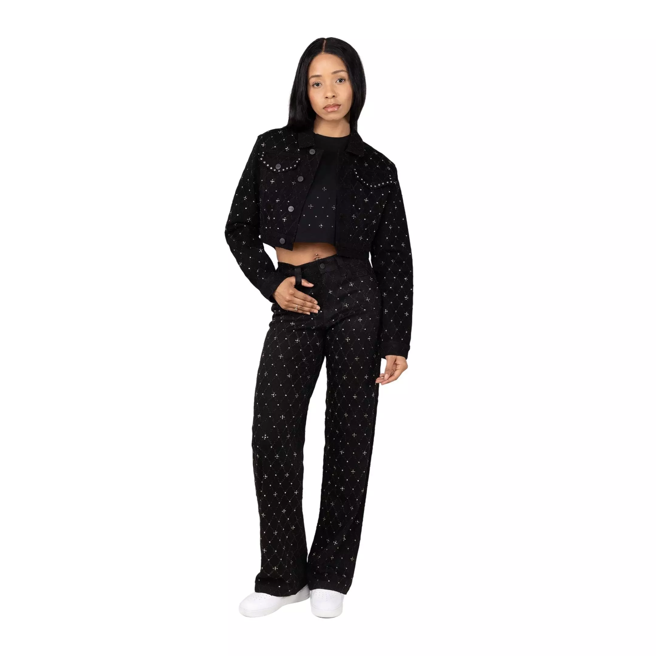 Smoke Rise Women's Cropped Rhinestone Jacket - BLACK