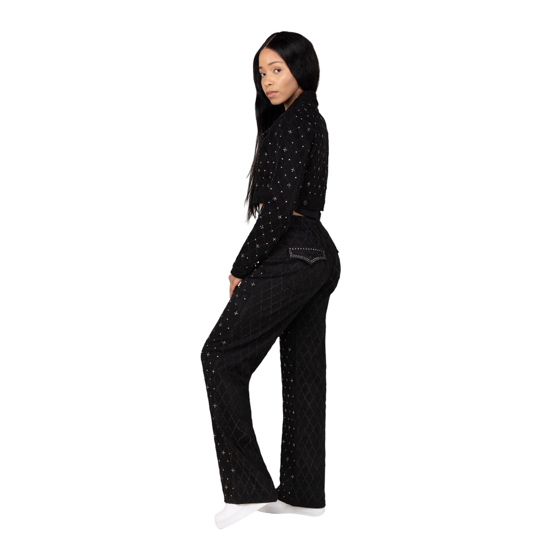 Smoke Rise Women's Mid-Rise Wide Leg Rhinestone Denim Jeans - BLACK Thumbnail View 3