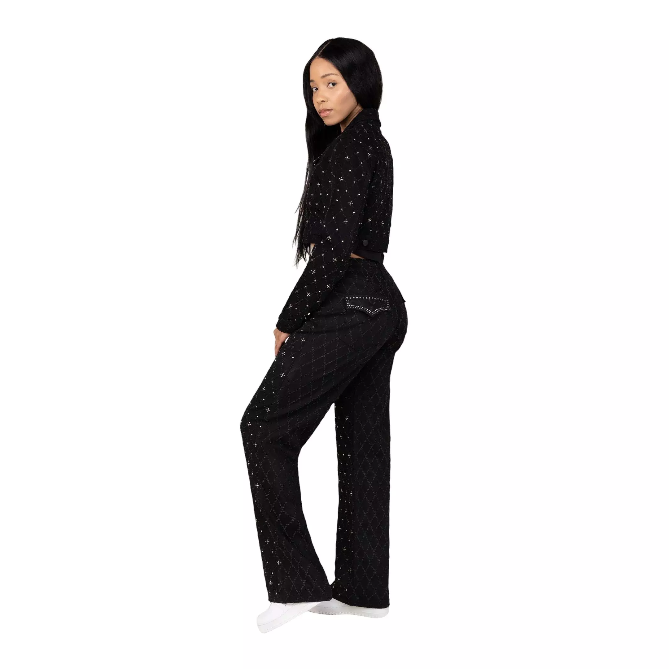 Smoke Rise Women's Mid-Rise Wide Leg Rhinestone Denim Jeans - BLACK