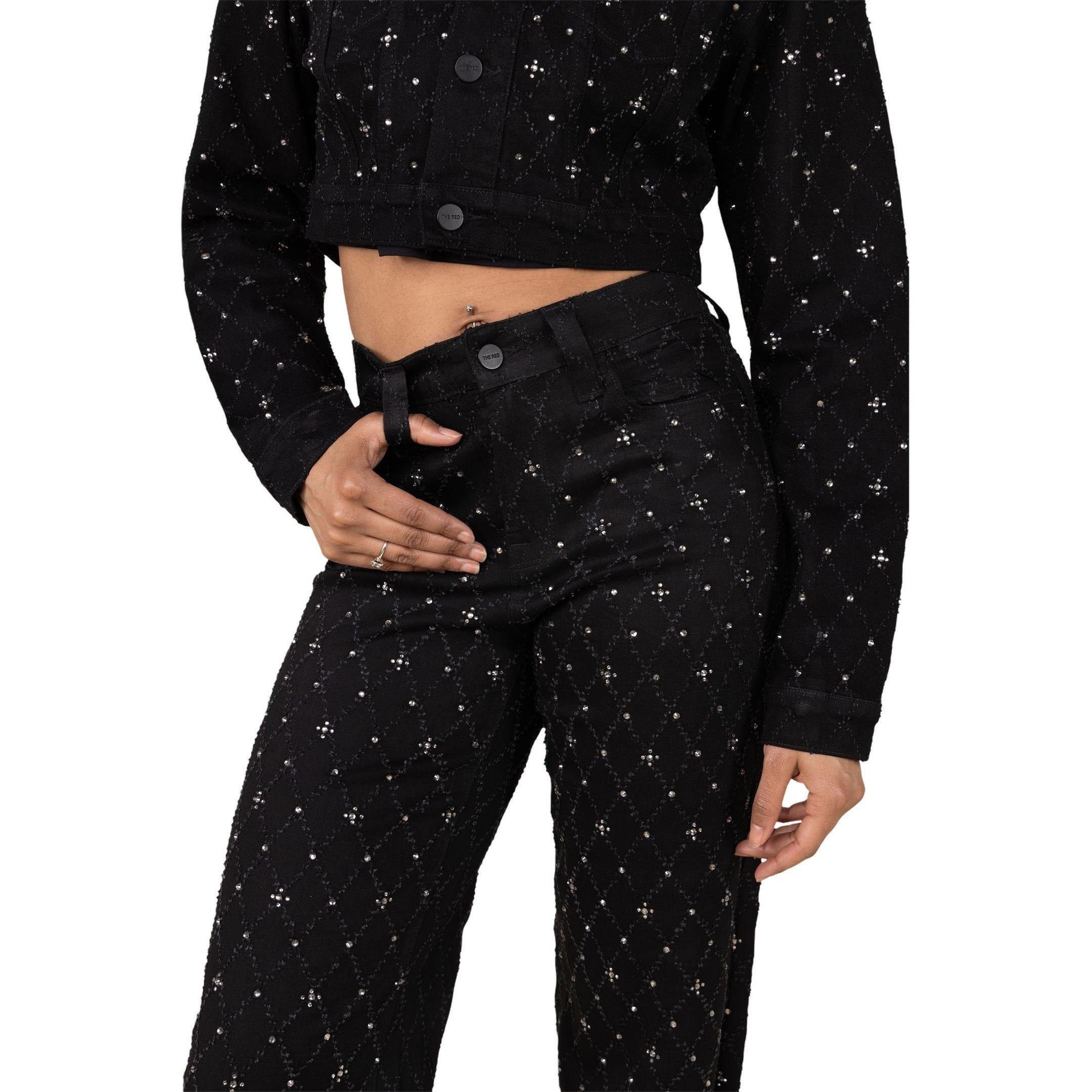 Smoke Rise Women's Mid-Rise Wide Leg Rhinestone Denim Jeans - BLACK Thumbnail View 4