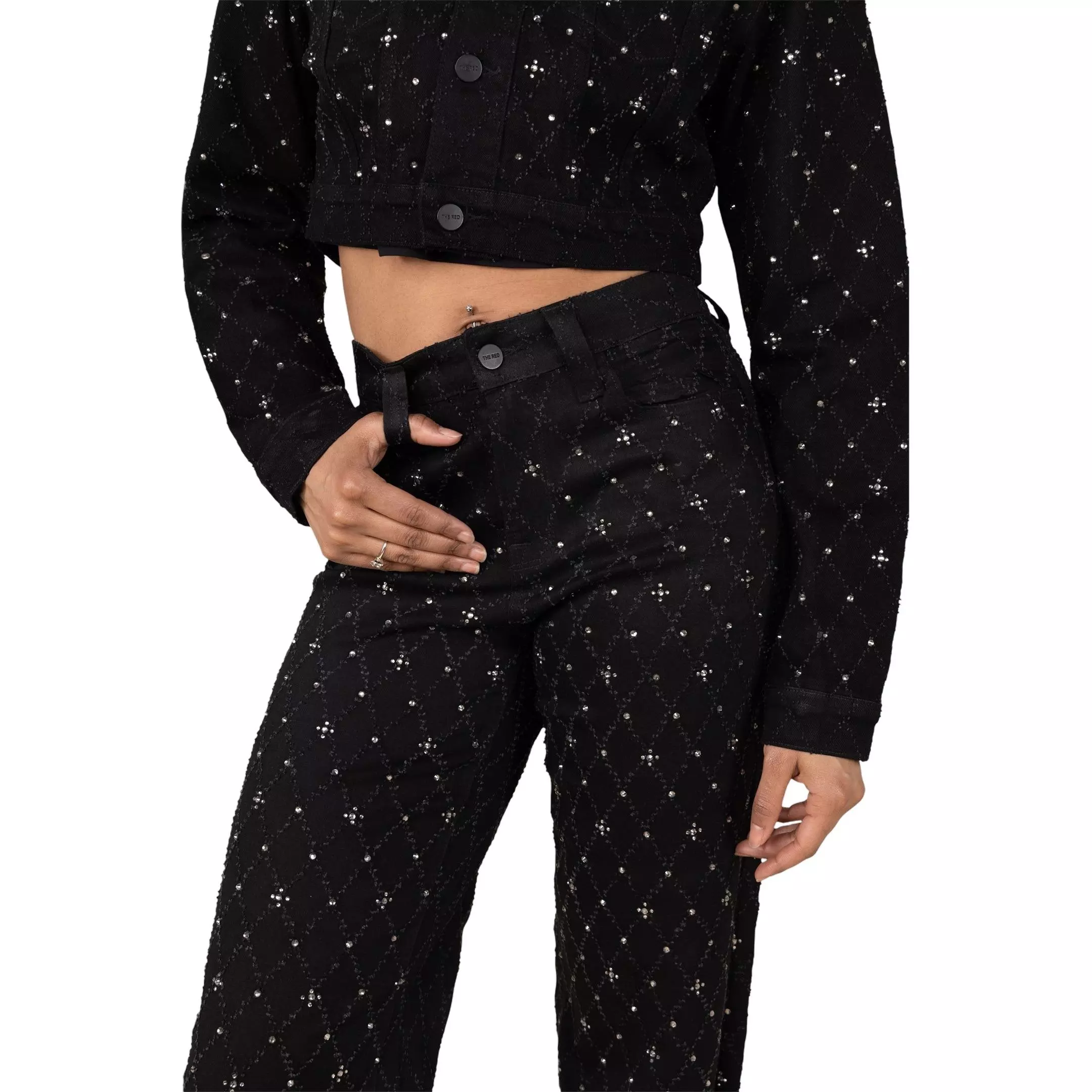 Smoke Rise Women's Mid-Rise Wide Leg Rhinestone Denim Jeans - BLACK