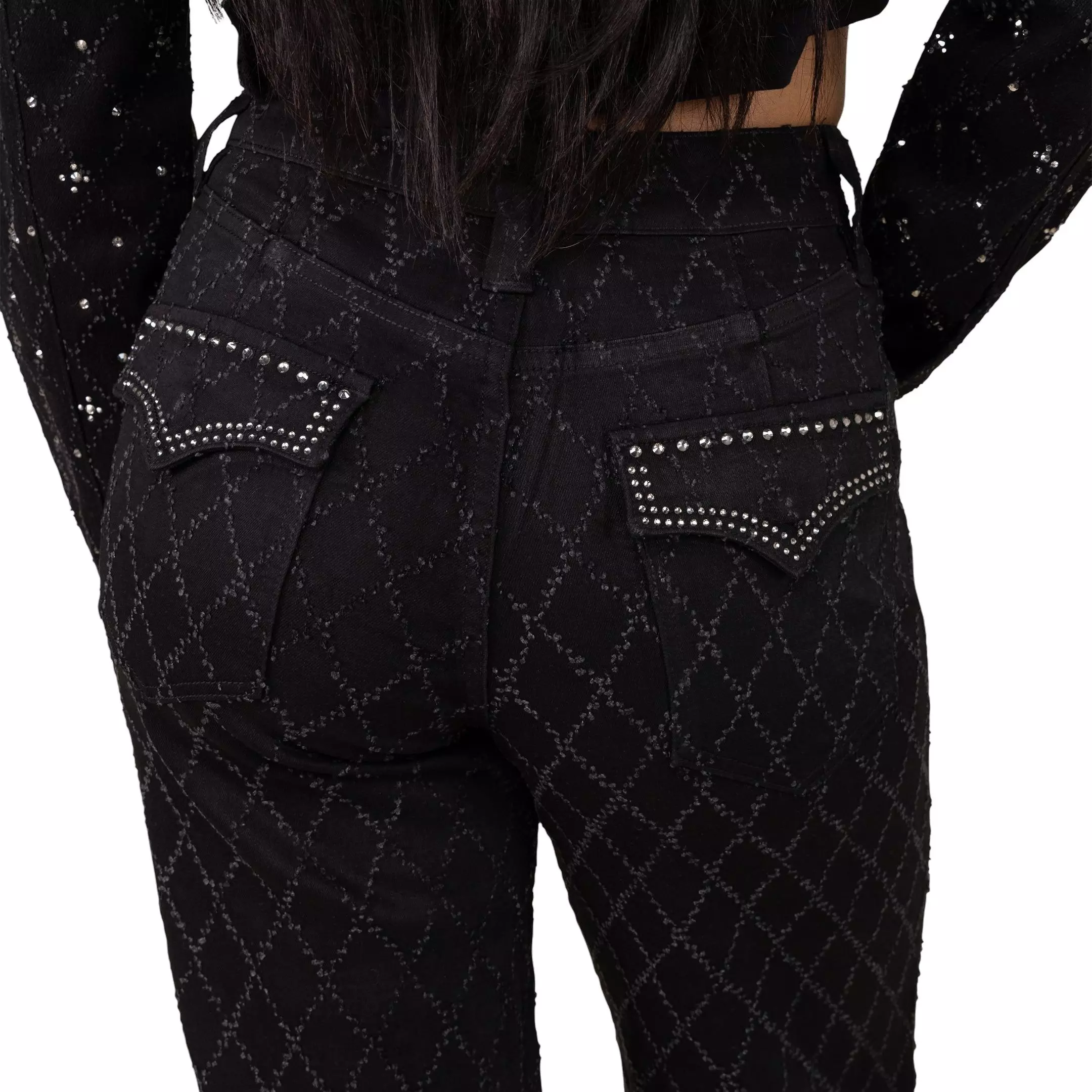 Smoke Rise Women's Mid-Rise Wide Leg Rhinestone Denim Jeans - BLACK