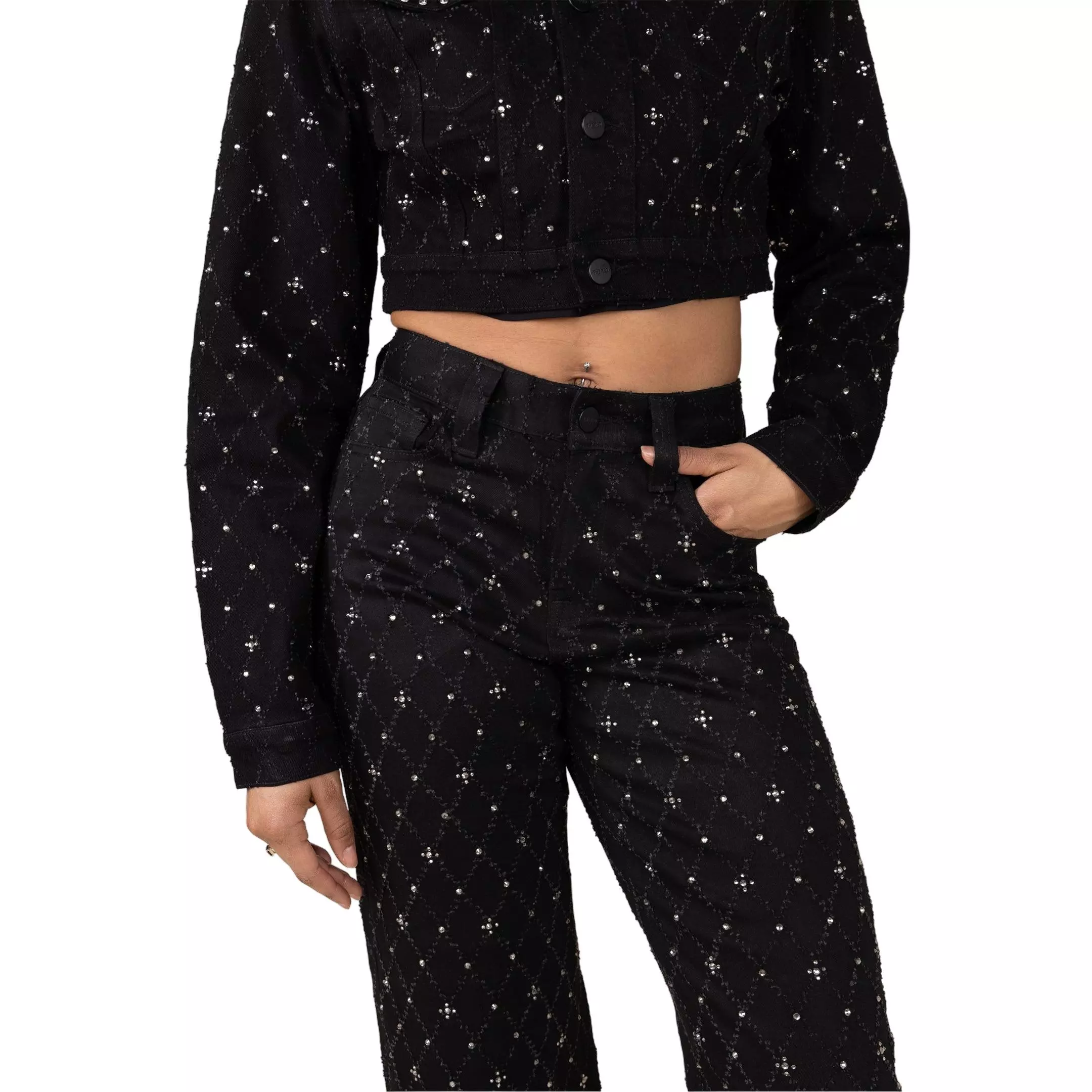 Smoke Rise Women's Mid-Rise Wide Leg Rhinestone Denim Jeans - BLACK