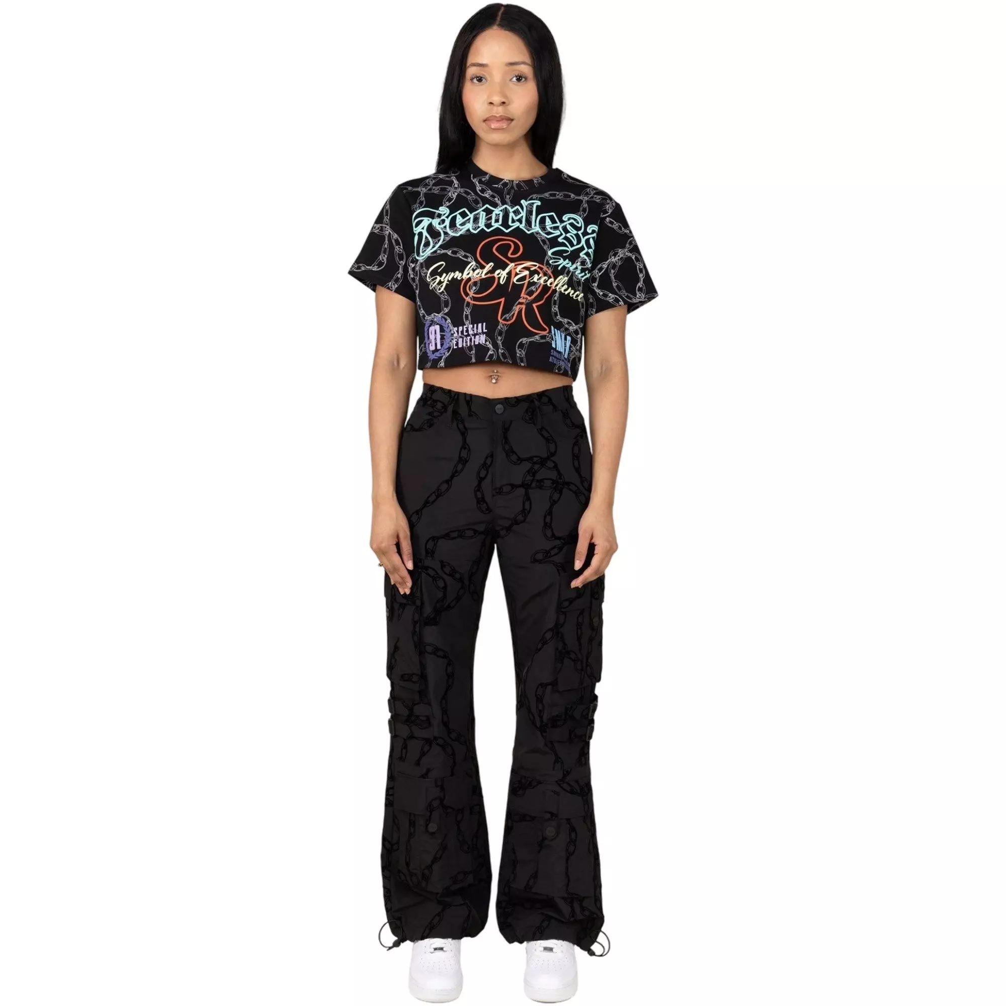 Smoke Rise Women's Woven Wide Leg Printed Chain Pants - BLACK
