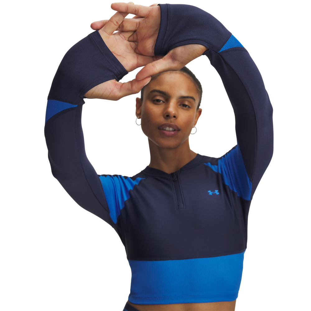 Under Armour Women's HeatGear Rib 1/4-Zip Crop Jacket - BLUE Thumbnail View 3