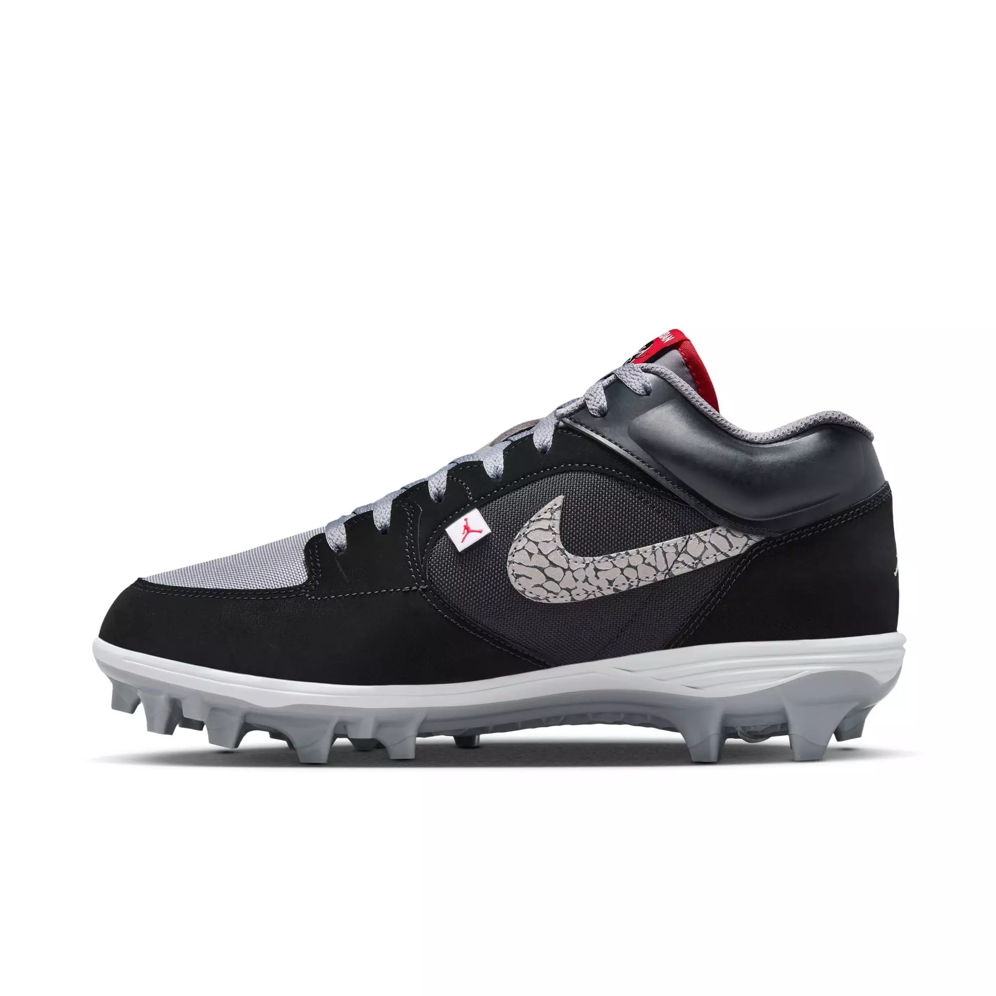 Jordan Stadium 90 Low TD "Black/Fire Red/Cement Grey/White" Men's Football Cleat - BLACK/GREY/RED
