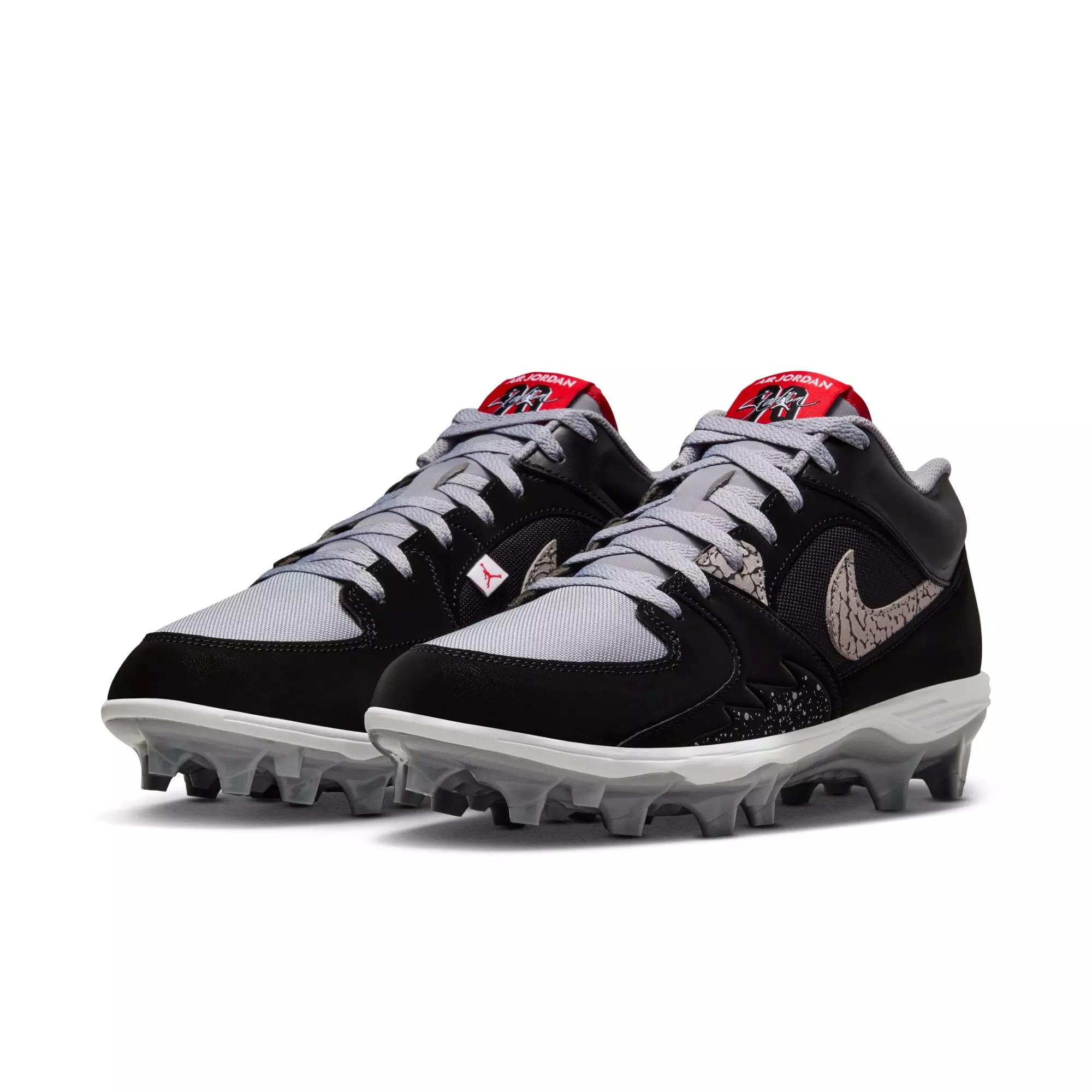 Jordan Stadium 90 Low TD "Black/Fire Red/Cement Grey/White" Men's Football Cleat - BLACK/GREY/RED