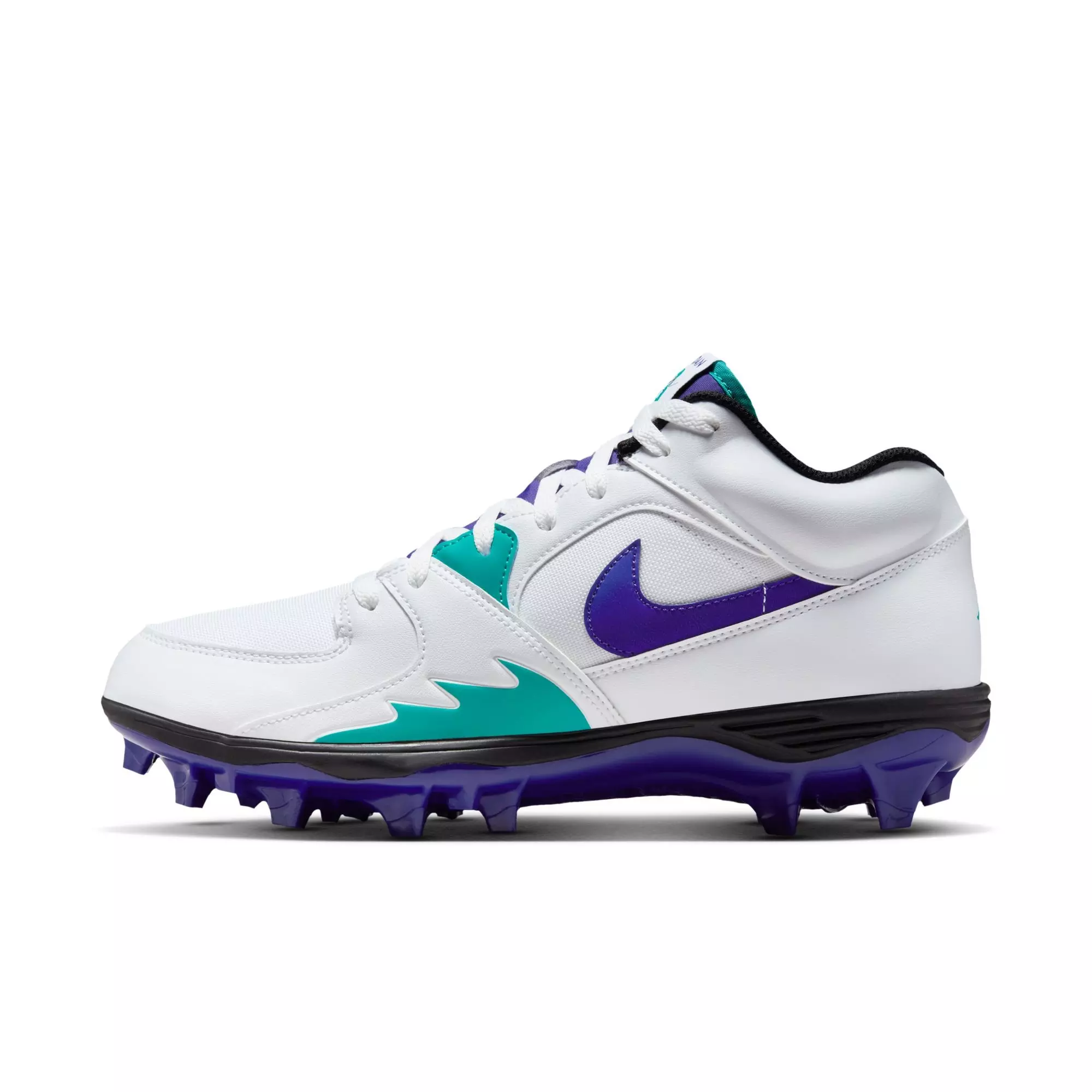 Jordan Stadium 90 Low TD "White/Grape Ice/New Emerald/Black" Men's Football Cleat - WHITE/PURPLE