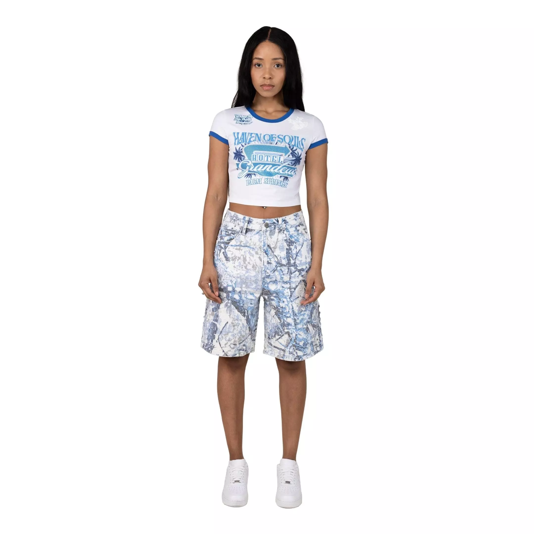 Smoke Rise Women's Vintage Cuff Tee - White/Blue - WHITE/BLUE