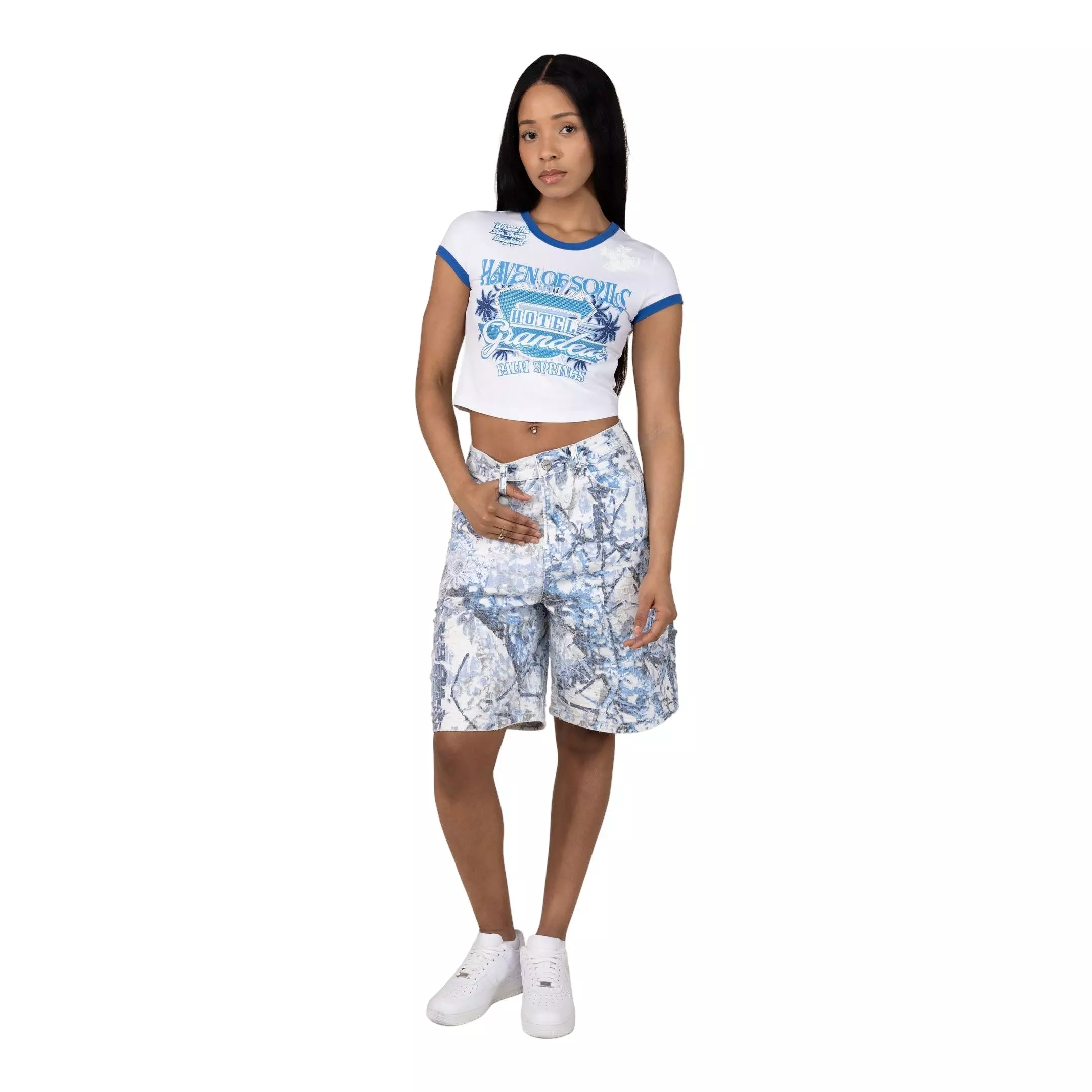 Smoke Rise Women's Vintage Cuff Tee - White/Blue - WHITE/BLUE