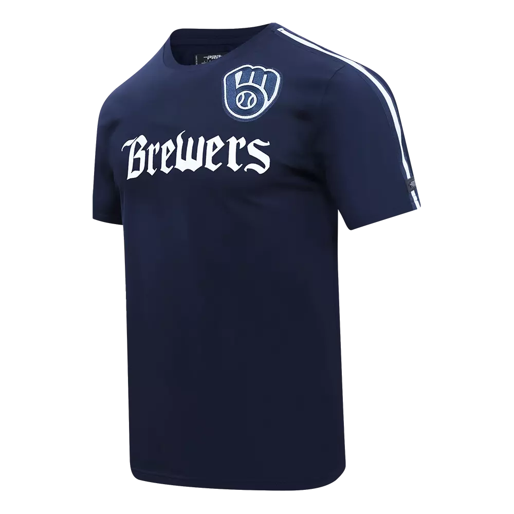Pro Standard Milwaukee Brewers Country Club Striped Short Sleeve Tee-Navy - NAVY