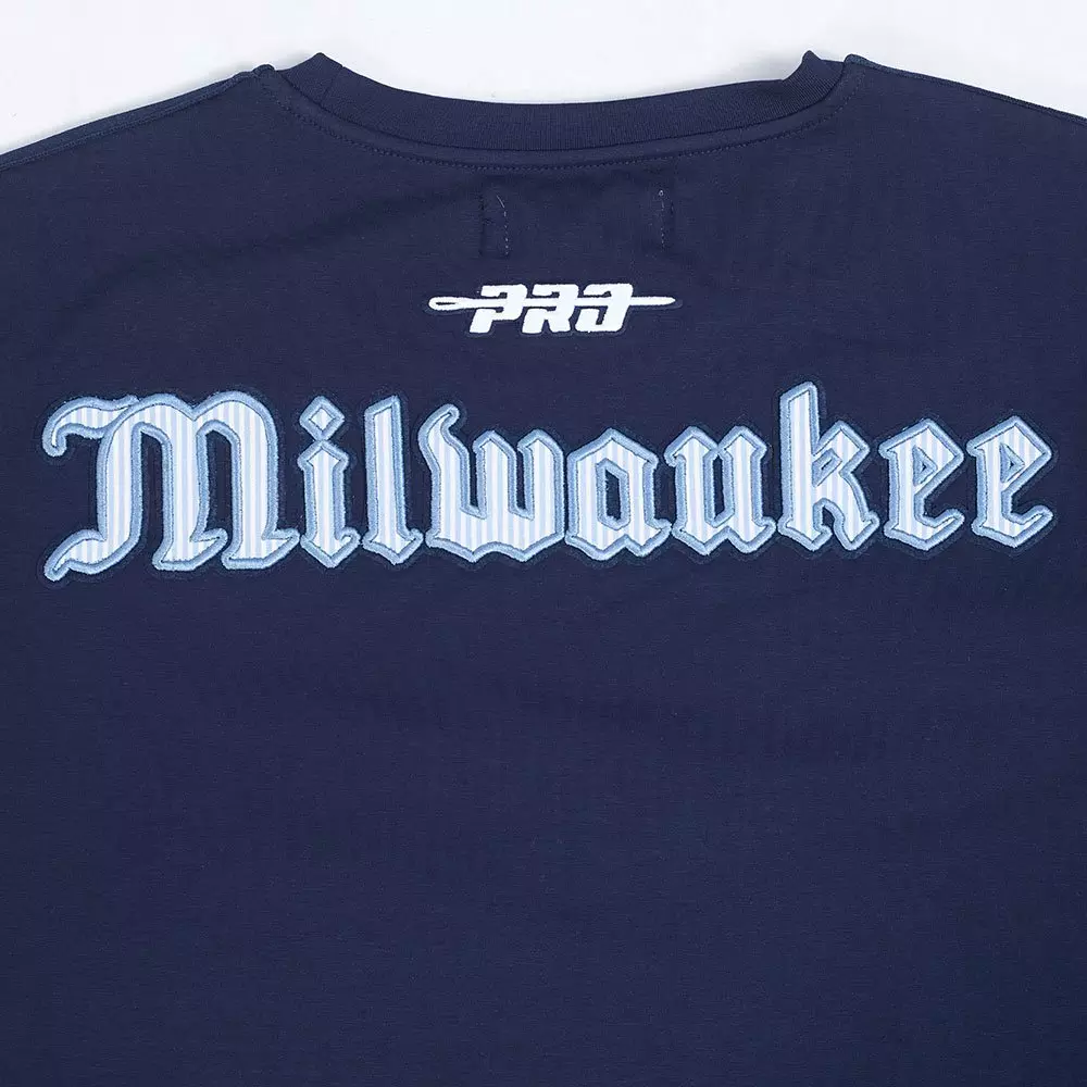 Pro Standard Milwaukee Brewers Country Club Striped Short Sleeve Tee-Navy - NAVY