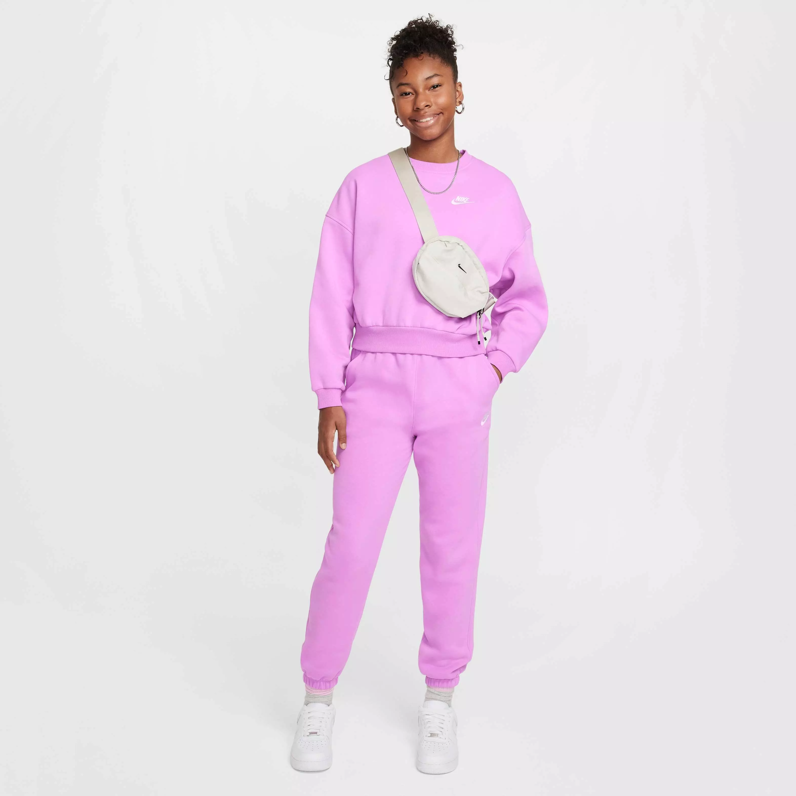 Nike Big Girls' Sportswear Club Fleece Boxy Crew-Neck LBR Lightweight Sweatshirt - FUCHSIA