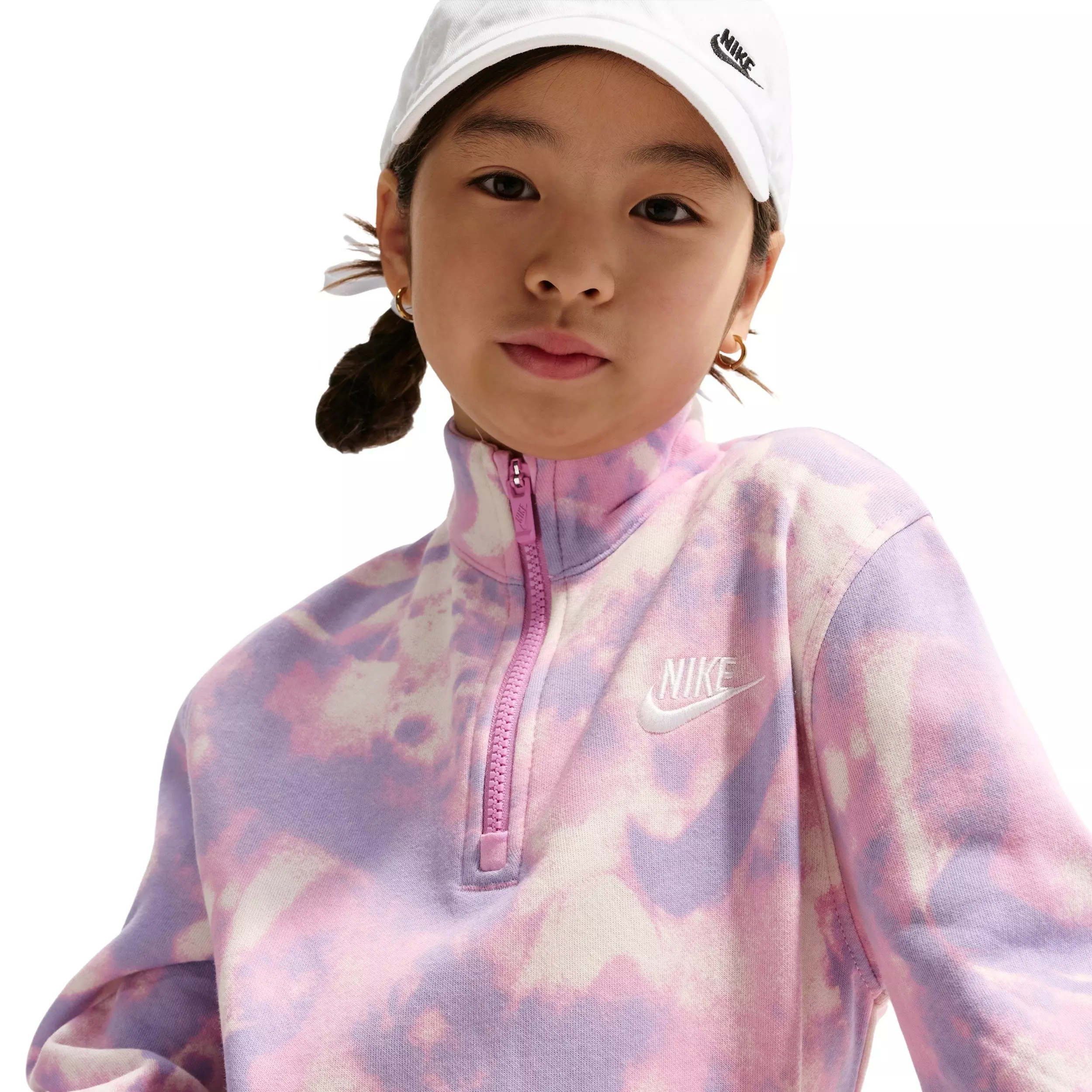 Nike Big Girls' Sportswear Club Fleece Long-Sleeve Half-Zip Top -Pink/Purple - PINK/PURPLE