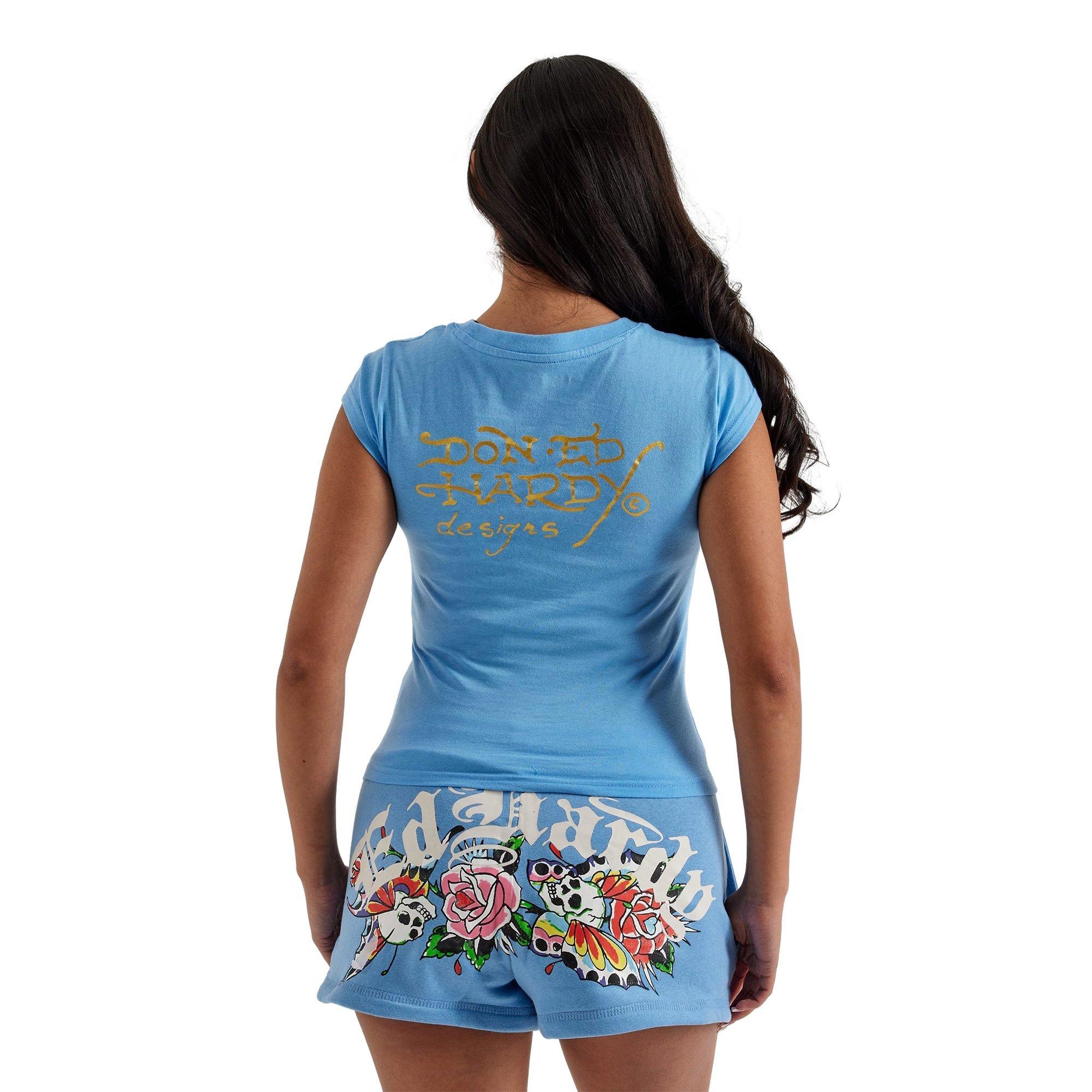 Ed Hardy Women's Flower Skulls Cap Baby Tee - BLUE Thumbnail View 2