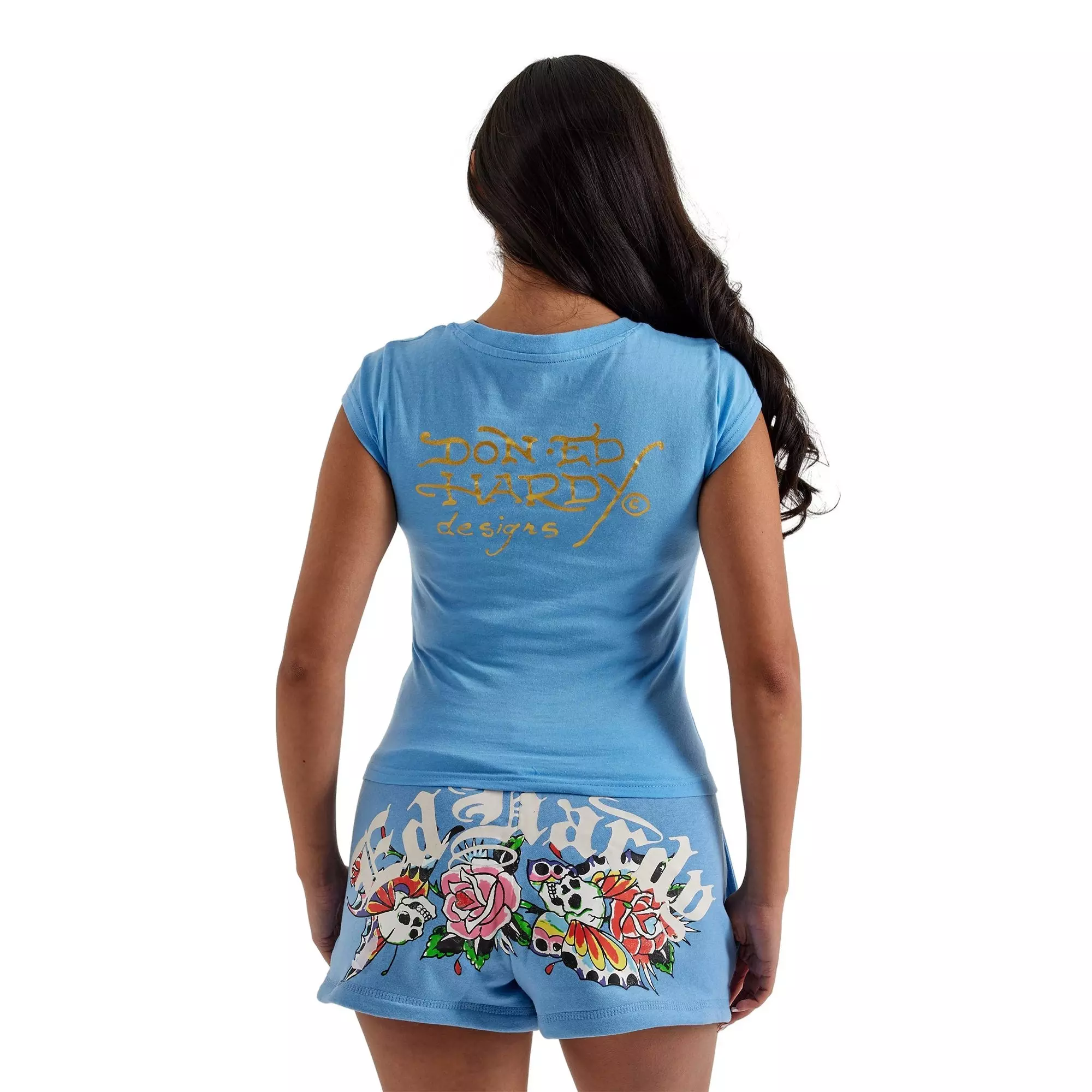 Ed Hardy Women's Flower Skulls Cap Baby Tee - BLUE