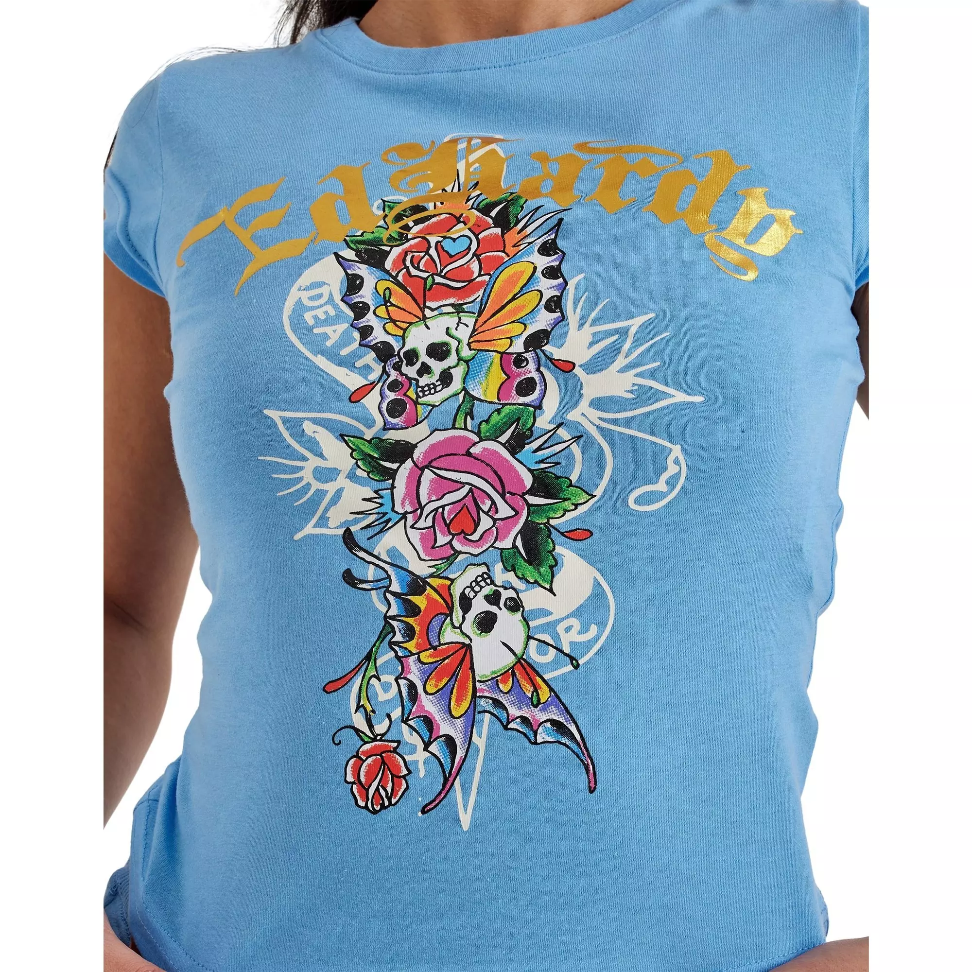 Ed Hardy Women's Flower Skulls Cap Baby Tee - BLUE