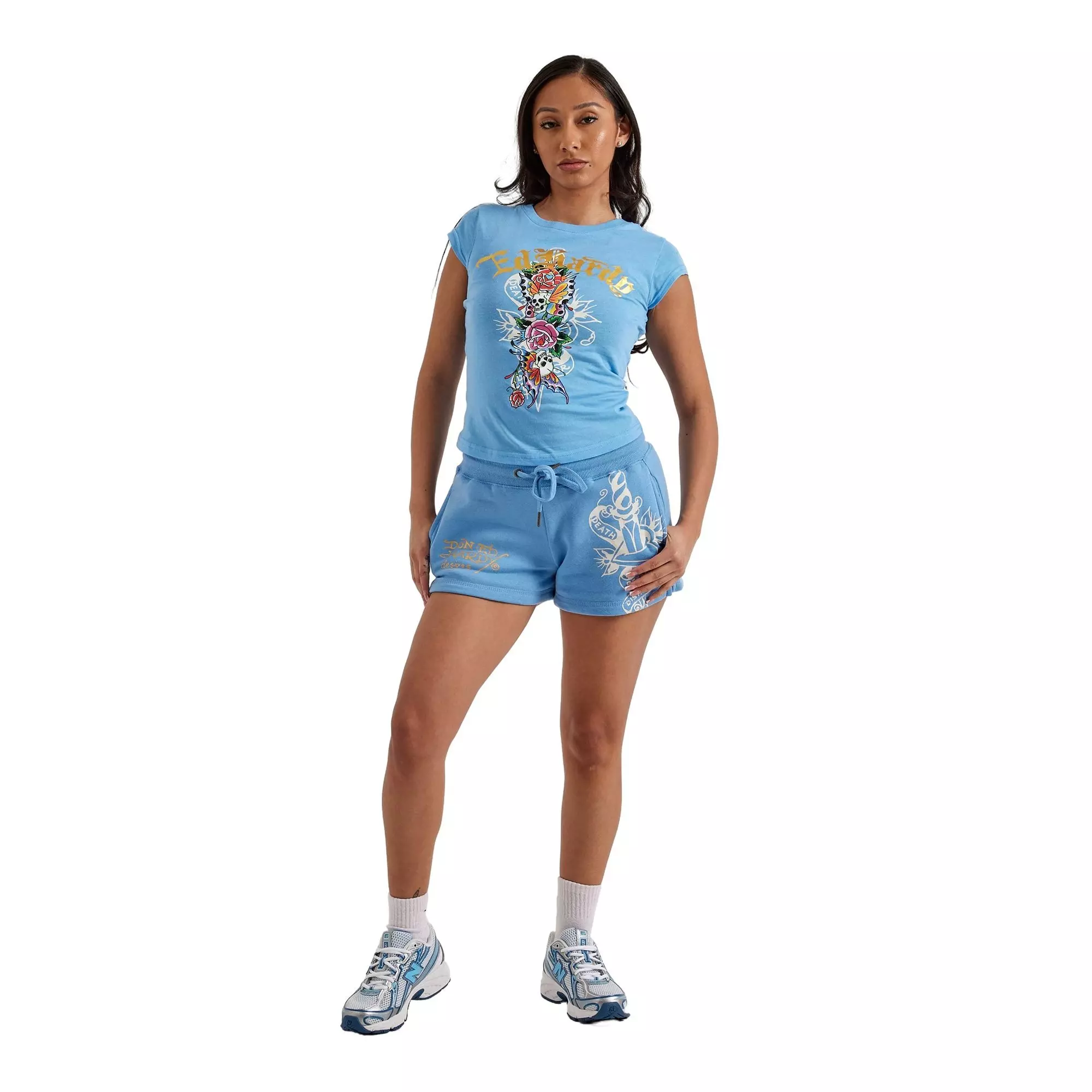 Ed Hardy Women's Flower Skulls Cap Baby Tee - BLUE