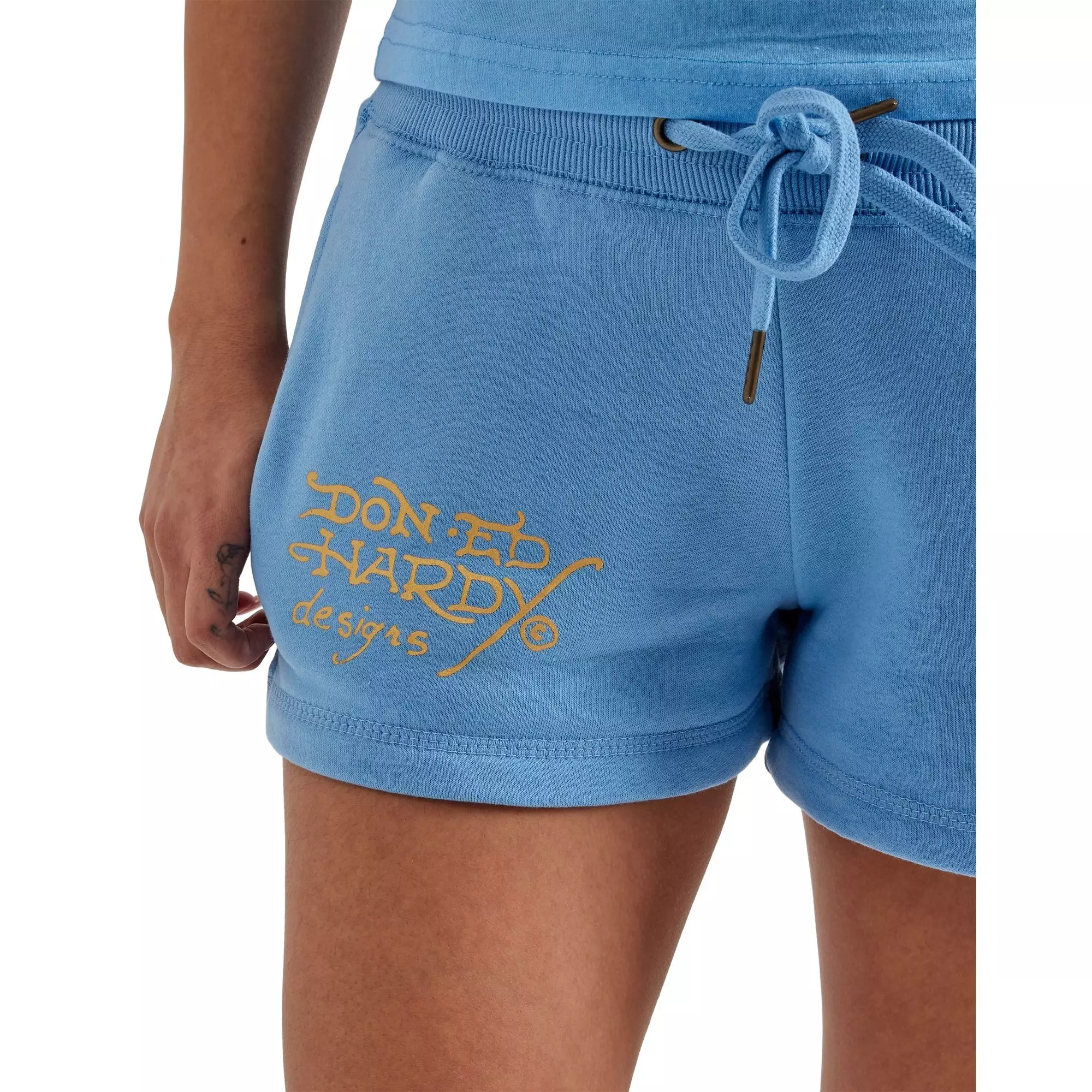 Ed Hardy Women's Flower Skulls Fleece Shorts - BLUE