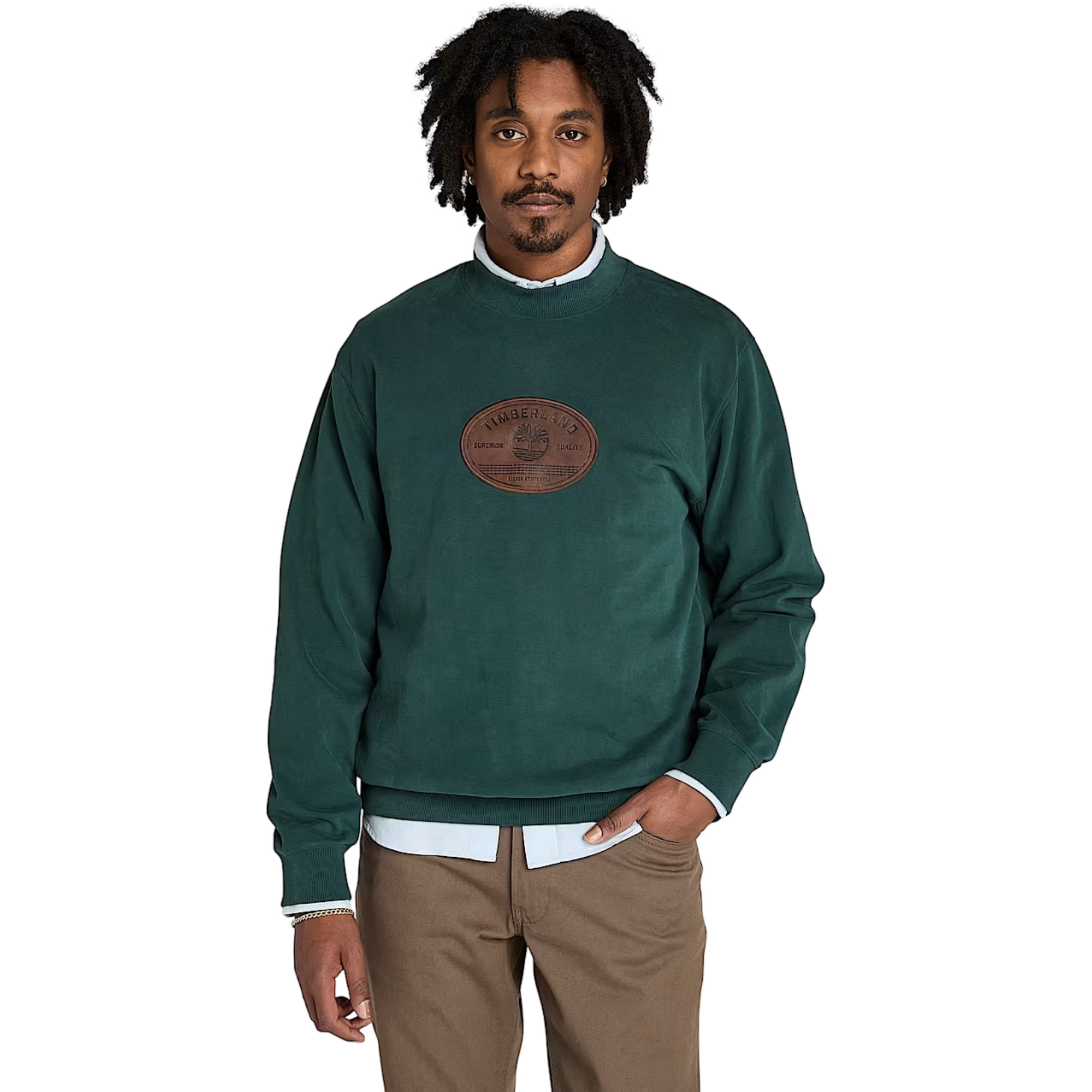 Timberland Men's Leather Badge Crew Sweatshirt - GREEN Thumbnail View 1
