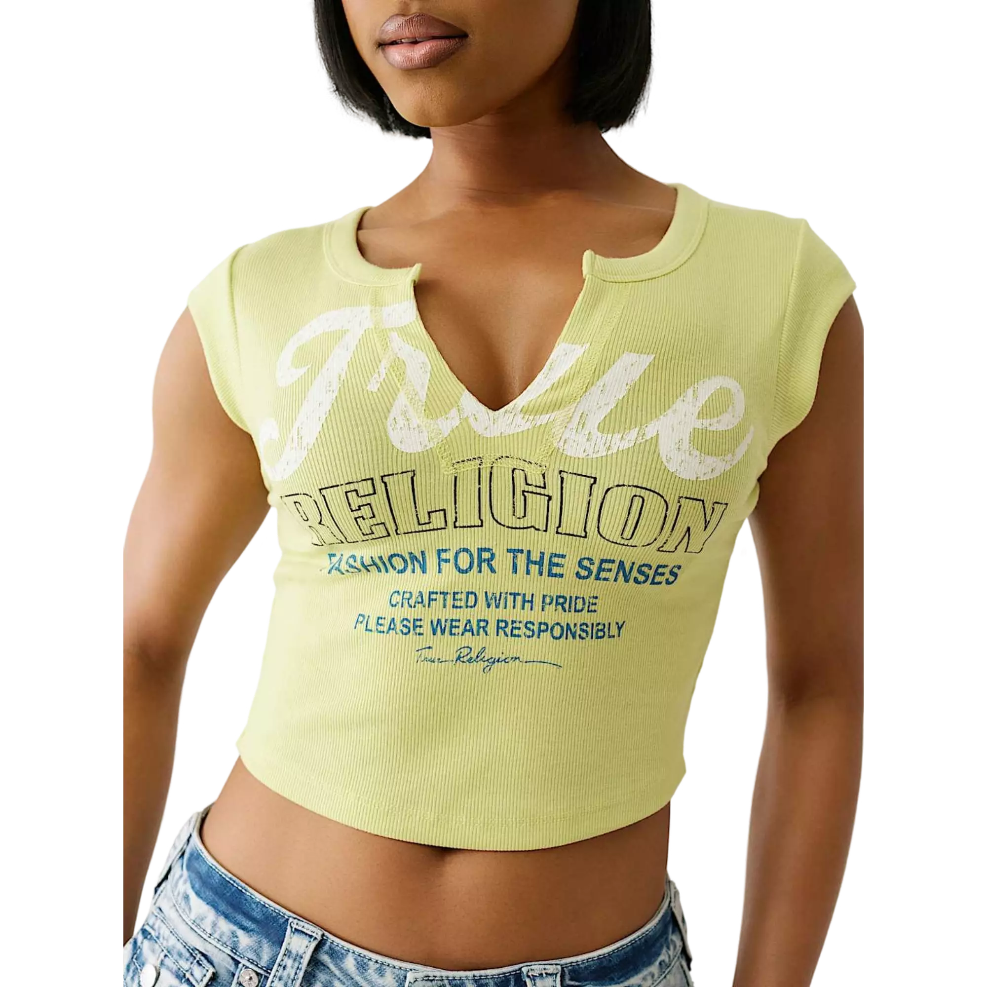 True Religion Women's Vintage Logo V Notch Baby Tee - GREEN