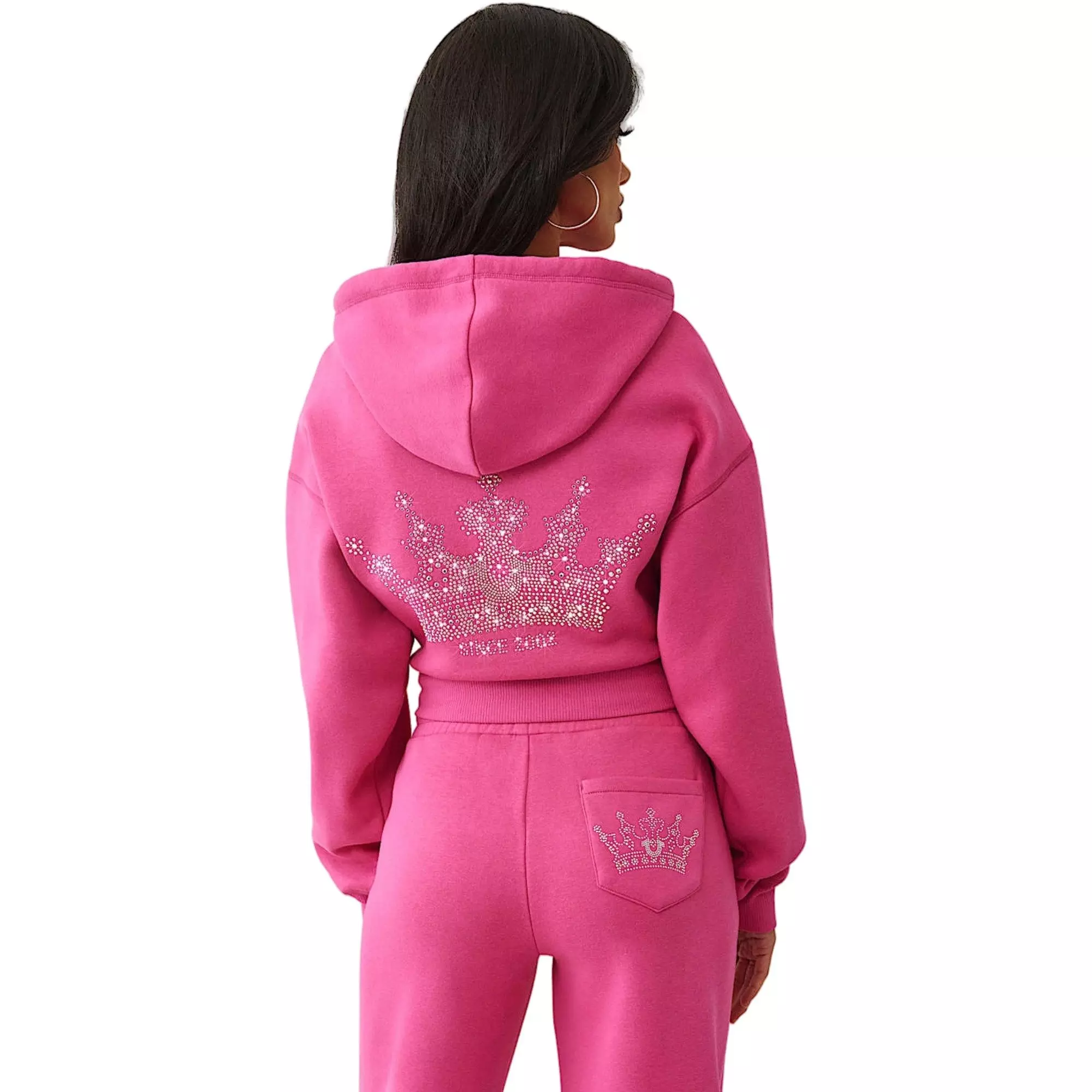 True Religion Women's Relaxed Crystal Crown Cropped Hoodie - PINK